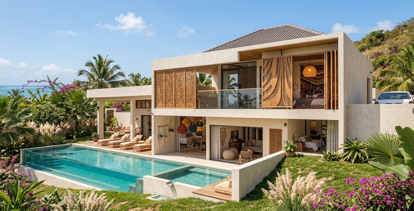 An incredibly lifelike, richly detailed, photorealistic wide-angle architectural shot of a modern tropical villa featuring a bohemian outdoor pool sanctuary set in a sun-drenched coastal hillside landscape. The scene is illuminated by bright midday summer sunlight, creating a warm, vibrant, and free-spirited atmosphere. Captured with a 35mm tilt-shift architectural lens, emphasizing the tactile off-white stucco walls, carved timber privacy screens, and crystal-clear pool waters. The two-story structure seamlessly connects open-air terraces to cozy interior spaces adorned with tapestry wall art, glowing woven pendant lamps, and handcrafted vintage-collected decor. Outside, the sleek infinity pool features glass paneling and a gentle spillway, surrounded by a sun deck outfitted with natural rattan loungers, macrame accents, and layered rugs in shades of warm rust, mustard, deep teal, and earthy neutrals. Lush tropical greenery, including fan palms, pampas grass, and blossoming pink bougainvillea, envelopes this serene, globally-inspired oasis.