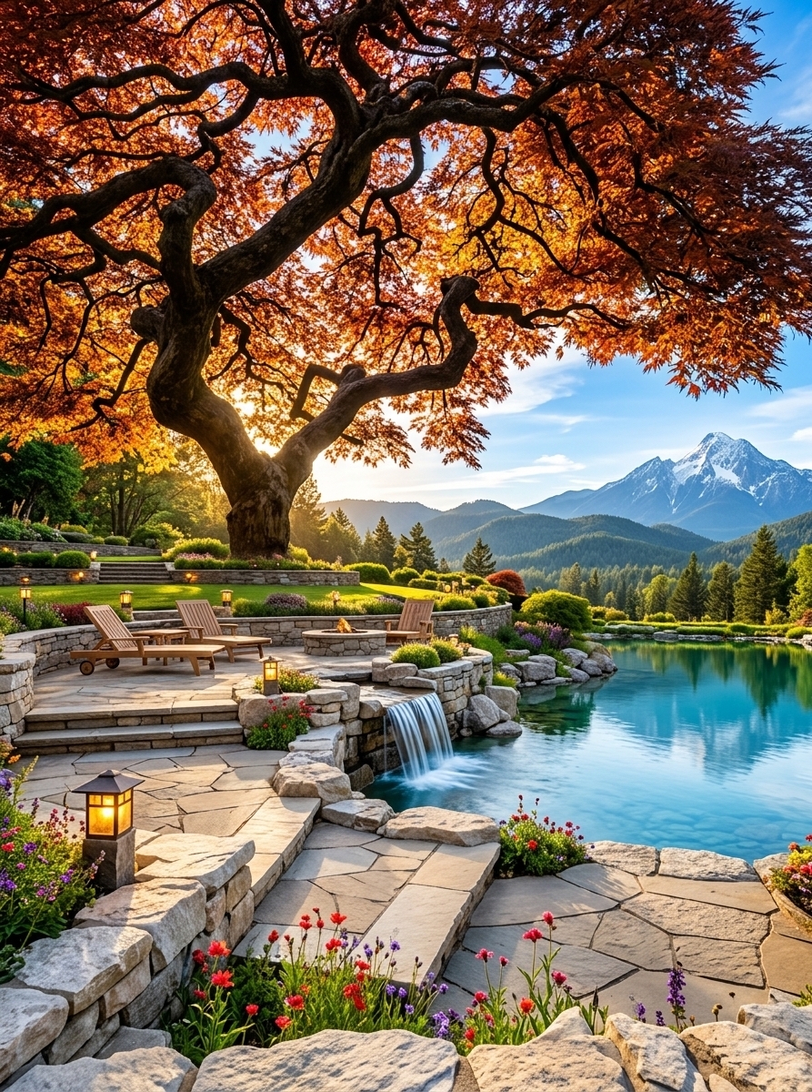 An incredibly lifelike, richly detailed, photorealistic wide-angle landscape photo of an outdoor patio terrace at a mountain escape set in a vibrant, pristine alpine valley. The scene is illuminated by glowing golden-hour sunlight filtering through fiery orange maple trees, complemented by the warm, inviting amber radiance of integrated stone landscape lamps along the terrace pathways, creating a cozy, serene, and magical atmosphere. Captured with a full-frame DSLR and a 24mm wide-angle lens, emphasizing the crisp textures of natural flagstone patio decking, smooth cascading waterfalls, delicate autumn foliage, and the dramatic, snow-dusted contours of the majestic mountain peak rising in the background.

In the foreground, a beautifully designed multi-level outdoor patio features natural stone terracing seamlessly integrated into the natural landscape. Lush red and purple wildflowers frame a clear, flowing stream that tumbles down a low stone waterfall into a crystal-clear turquoise lake. Elegant rustic-modern outdoor seating—including teak loungers and a stone fire pit area—invites relaxation upon the stone terrace. In the mid-ground, vibrant fiery-orange and golden-yellow autumn trees frame the mirror-like lake, while modern low-voltage landscape lamps subtly illuminate lush green lawns and terraced gardens. In the far distance, a magnificent, towering snow-capped mountain peak stands against a brilliant blue sky dotted with soft white clouds, completing this ultimate serene mountain retreat.