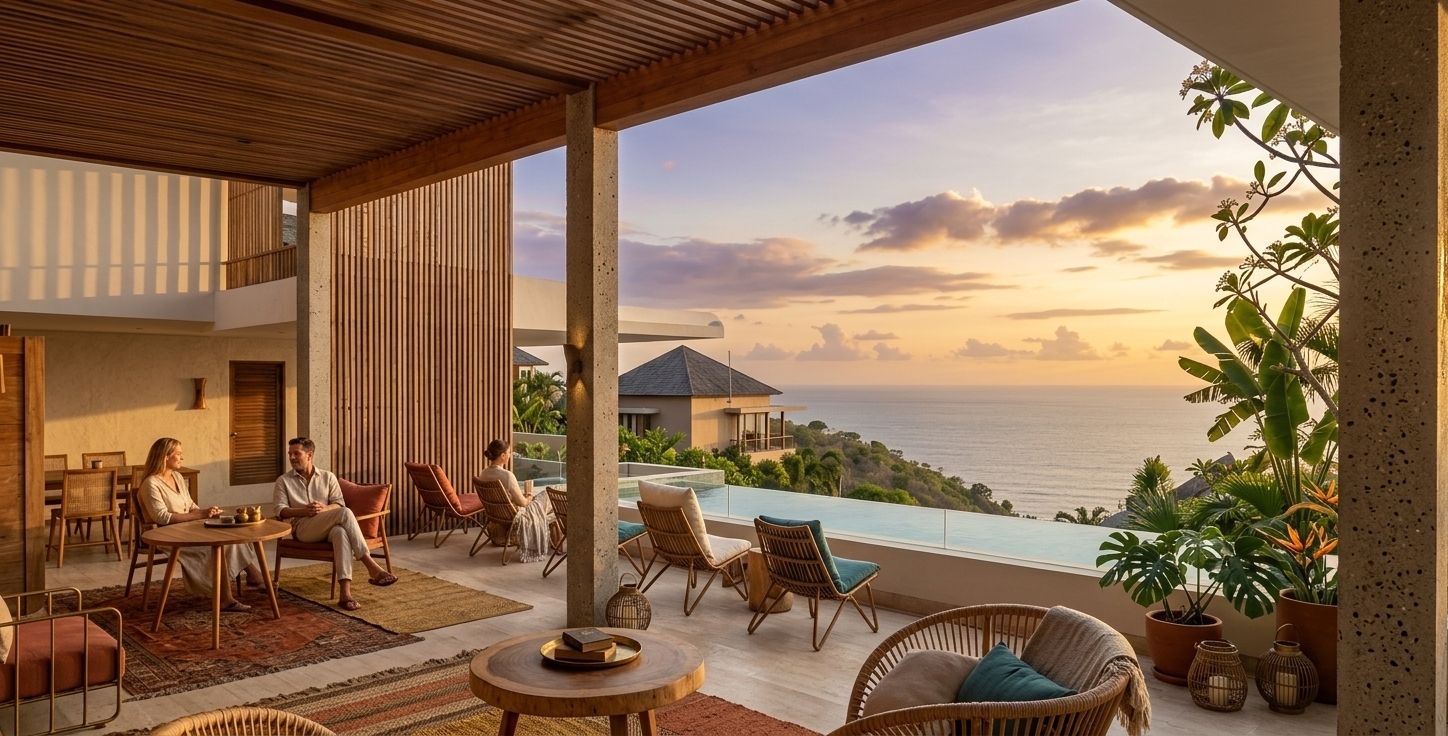 An incredibly lifelike, richly detailed, photorealistic wide-angle interior photo of a bohemian oasis outdoor patio set in a cliffside tropical resort overlooking a vast ocean horizon. The scene is illuminated by the honeyed golden light of a summer sunset, creating a warm, free-spirited, and relaxed atmosphere. Captured with a Hasselblad medium format camera and 24mm prime lens, emphasizing the rich textures of woven macramé, raw rattan, layered vintage textiles, and weathered terracotta. 

Under the warm teak slatted ceiling, the open-air covered terrace transitions seamlessly into a crystal-clear infinity pool that merges with the tranquil sea beyond. The smooth travertine floor is transformed with an eclectic layering of vintage Turkish and braided jute rugs in vibrant shades of warm rust, mustard, deep teal, and earthy neutrals. A curated arrangement of handcrafted rattan lounge chairs and a suspended macramé swing invite effortless relaxation, accessorized with globally inspired linen cushions and fringed throws. The tactile plaster walls are adorned with large-scale woven tapestry wall art, while low-slung, raw-edge wood coffee tables hold open art and photography books alongside vintage brass decor. Towering potted monstera, fiddle-leaf figs, and ceramic vases filled with feathery pampas grass frame the panoramic ocean view, where the sky fades into soft violet and orange, synthesizing high-end architecture with an inviting, layered sanctuary.