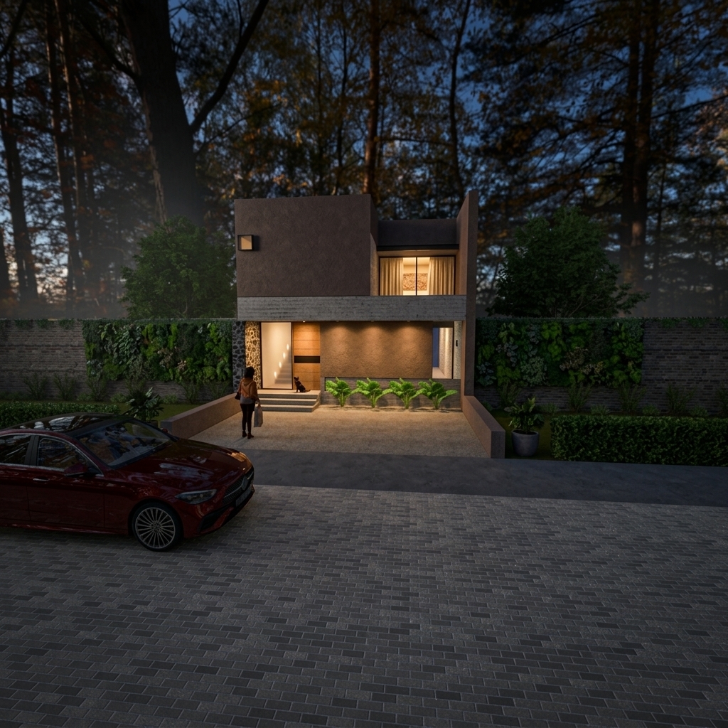 A crisp night photograph of the modern minimalist residence surrounded by a dark forest under a deep night sky, precisely preserving the existing camera angle, framing, and structure. The scene is illuminated by warm, inviting interior light glowing through the entry glass and upper-story window, casting soft golden light spills onto the concrete entrance steps and paved walk. In the foreground, the dark red metallic sedan reflects faint cool ambient night light and soft specular highlights along its glossy clearcoat body. Micro-textures are visible throughout, from the rough grain of the dark stucco walls and exposed concrete beam to the individual grey cobblestone pavers of the driveway. The tall pine trees behind the perimeter wall form rich, dark silhouettes against the twilight air. Captured with a professional wide-angle lens, the shot displays realistic low-light photographic traits, including subtle shadow noise typical of high-ISO night exposures, faint lens vignetting at the corners, and crisp, authentic material depth.