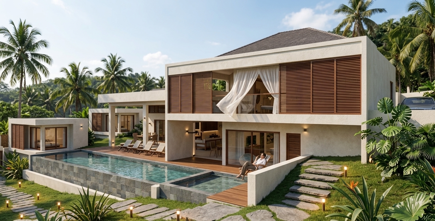 An incredibly lifelike, richly detailed, photorealistic wide-angle architectural photograph of a modern Balinese-style luxury villa and outdoor pool area set in a lush, tropical hillside environment. The scene is illuminated by bright summer midday sunlight blended with glowing, warm garden pathway lights, creating a serene, opulent bohemian oasis atmosphere. Captured with a professional 35mm tilt-shift architectural lens, emphasizing the tactile textures of off-white stucco facades, dark teak wood louvered shutters, smooth natural stone pool tiles, and vibrant, oversized foliage like monstera leaves and towering coconut palms. The multi-level retreat seamlessly connects indoor and outdoor spaces, featuring an elegant lap pool, organic stone stepping-stone paths embedded in green grass, flowing sheer white curtains caught in a soft breeze, and comfortable poolside loungers inviting pure relaxation.