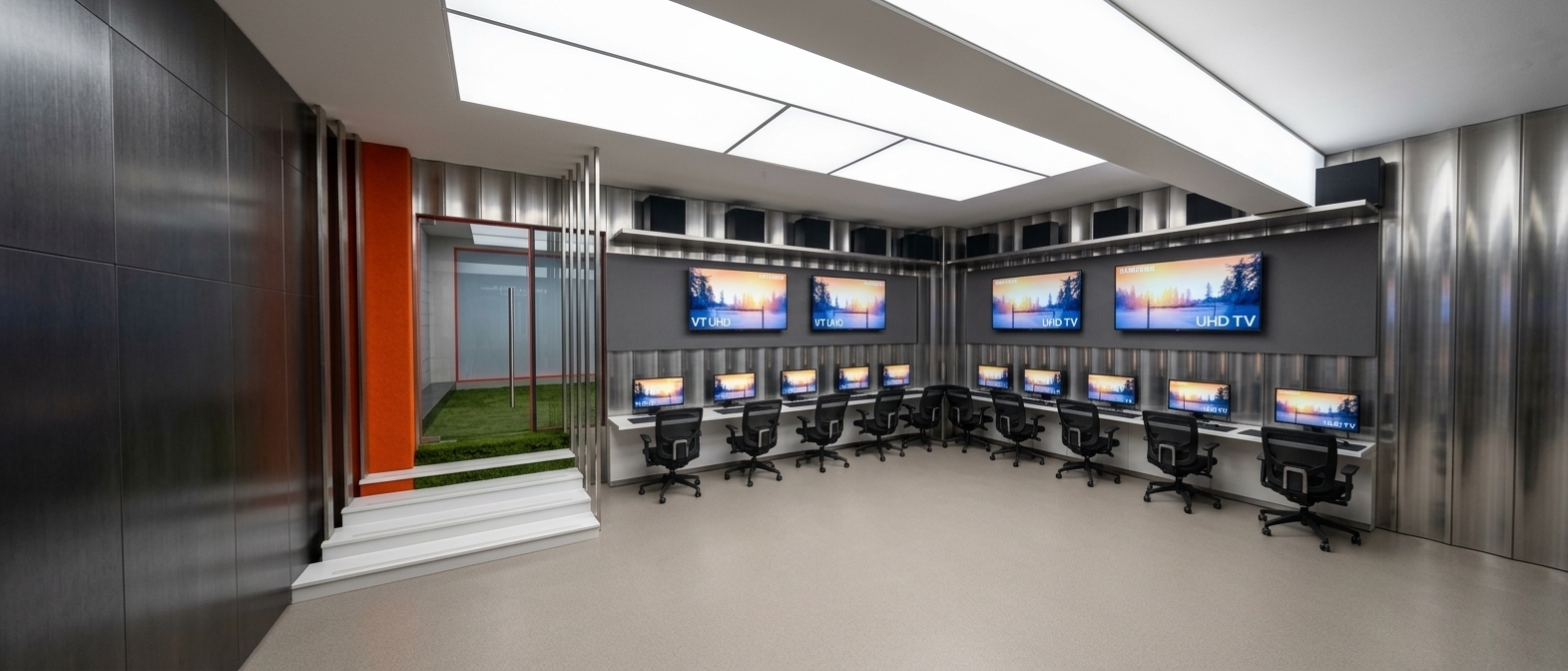 A crisp architectural interior photograph of a dark, sleek cyber gaming lounge, preserving the exact geometry, wall layout, furniture placement, and wide-angle perspective of the scene. The room features a beige anti-slip vinyl floor with a fine tactile micro-texture that softly catches reflections from the ceiling and displays. The walls are finished in bright, polished vertical metal paneling trimmed with matte black accent strips, catching colorful ambient light bounced from the glowing desktop monitors and overhead UHD television screens. On the left, clear tempered glass enclosure doors with brushed stainless steel tubular handles stand beside a bold, matte orange architectural column and charcoal wall paneling. Clean white light radiates from the recessed ceiling trough, casting gentle highlights and natural ambient occlusion into structural corners. Shot on a professional DSLR with a 24mm tilt-shift lens at f/8, the scene displays natural photographic realism with microscopic imperfections including subtle glass smudges, soft dust on desk surfaces, realistic screen bloom, and fine film grain in dark shadow areas.