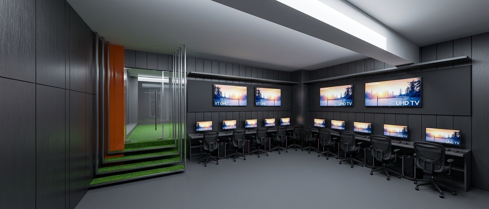 A wide-angle interior photograph of a dark, sober cyber gaming lounge, faithfully capturing the exact camera perspective, spatial layout, and structural composition. The scene is enveloped in a moody, dark atmospheric light, illuminated primarily by the soft continuous glow from a recessed ceiling light strip and the warm radiance emitted from the multiple desktop monitors and mounted UHD TV screens displaying vivid landscape imagery. The surrounding walls are clad in polished, reflective metal panels intersected by matte black vertical strips that catch colorful, blurred reflections from the computer displays and glowing tower LEDs. The floor is finished in non-slip beige vinyl with a subtle micro-textured matte surface and soft ambient shadows beneath rows of black ergonomic mesh gaming chairs. To the left, an interior enclosure features crystal-clear tempered glass panels anchored with brushed stainless steel handles and fittings, flanked by a striking architectural structure of bent dark metal sheet strips cascading from the dark ceiling, allowing ambient light to spill softly through the open gaps. Precise focus, faint screen bloom, realistic specular reflections on glossy metal surfaces, and gentle natural vignetting around the edges give the image the distinct texture and depth of an authentic architectural photograph.