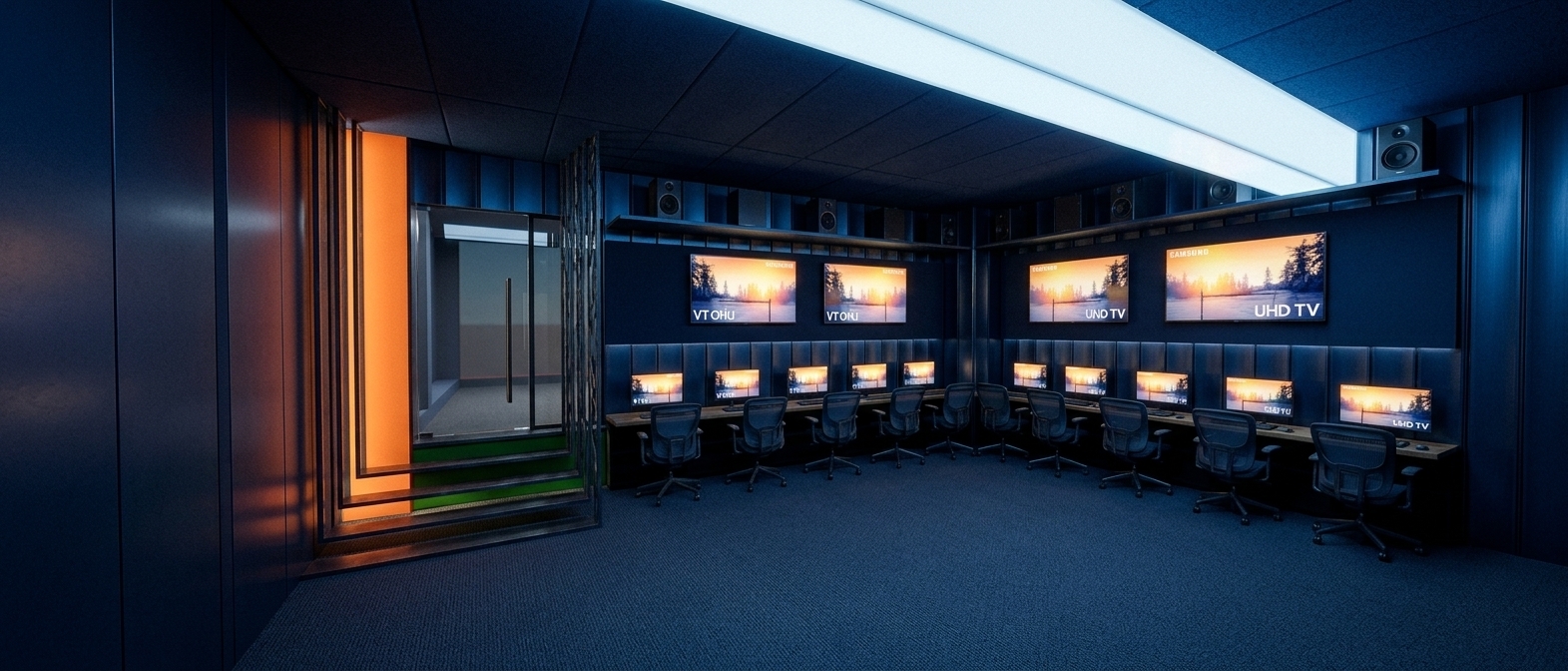 A wide-angle interior photograph of a sleek, dark cyber gaming lounge, precisely maintaining the geometry, camera angle, and composition of the reference image. The room is enveloped in a moody, dark blue ceiling atmosphere, dominated by the rich light spilling from active desktop monitors and large mounted UHD TVs displaying warm sunset visuals. The floor is textured beige non-slip vinyl with a subtle matte finish, while the walls are made of high-gloss polished metallic vertical panels framed with matte black metal trim that captures realistic warped reflections from the screen glows and LED components. To the left, a clear tempered glass door with brushed stainless steel handles stands adjacent to access steps framed by hanging metallic sheet ribbons that allow ambient light to pass between their slatted gaps. The black ergonomic swivel chairs, dark desktop surfaces, orange wall accents, and green step trims exhibit natural material physics, fine specular highlights, micro-textures, and subtle real-world imperfections like soft dust and light fingerprints, shot through a crisp wide-angle architectural lens with subtle corner vignetting and natural depth of field.