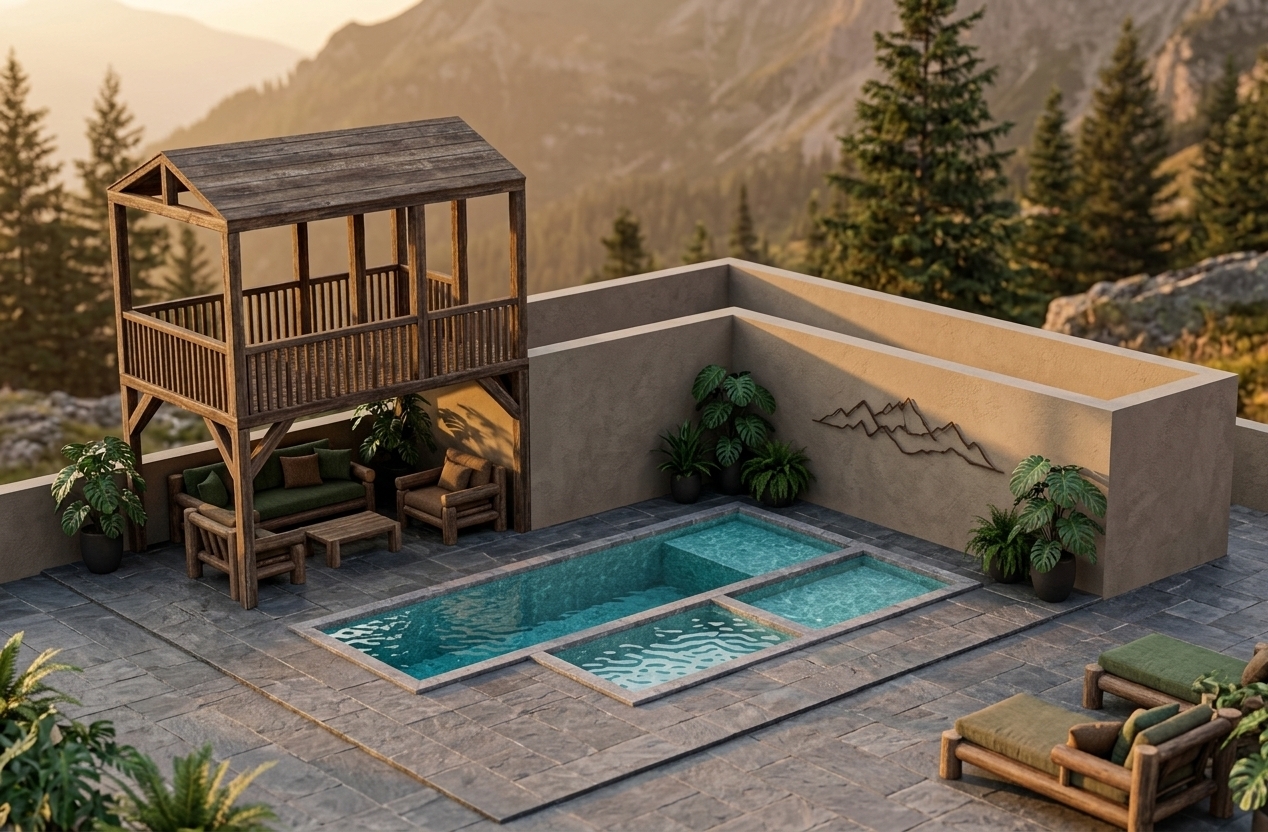 An incredibly lifelike, richly detailed, photorealistic landscape photo of a luxury outdoor pool area set in a cozy, rugged mountain escape during late summer. The scene is illuminated by the soft, golden glow of a warm sunset, creating an inviting and peaceful alpine atmosphere. Captured with a professional wide-angle lens, emphasizing the rich wood grain of the timber, crystalline water ripples, and raw stone textures. 

Perched on the patio, an elevated wooden cabana crafted from sturdy, dark brown timber logs features a covered seating nook with railings, offering a nestled view of the property. Below, the slate-paved patio surrounds an intricate, multi-tiered swimming pool filled with shimmering turquoise water. A warm neutral feature wall provides a backdrop decorated with subtle mountain range wall art, balanced by lush deep green potted plants and comfortable log lounge furniture with textured linen cushions. The rich color palette of forest greens, warm browns, and earthy tones transforms this outdoor space into a sanctuary worthy of a high-end photography book.