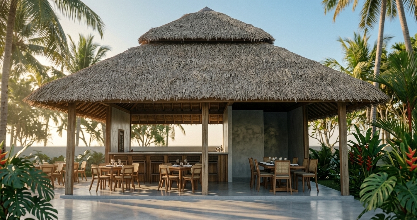 An incredibly lifelike, richly detailed, photorealistic wide-angle architectural shot of an open-air resort bar and dining pavilion set in a lush, sun-dappled tropical garden environment. The scene is illuminated by soft, warm morning sunlight filtering through surrounding palm trees, creating a serene, luxurious atmosphere. Captured with a professional 35mm architectural lens, emphasizing the fibrous texture of the thick alang-alang thatched grass roof, the natural grain of weathered teak timber pillars, and the smooth finish of polished micro-cement flooring. Under the grand open-sided canopy, mid-century modern dining chairs and woven rattan barstools gather around slatted wooden tables and a warm teak-paneled bar counter. Deep shadows and delicate light reflections accentuate the rich earthy tones and open-air craftsmanship, seamlessly blending refined resort elegance with its vibrant tropical backdrop.
