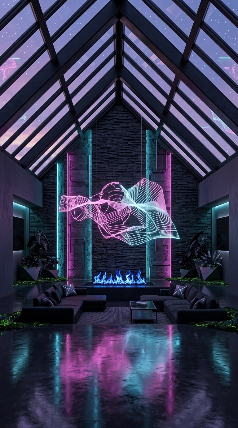 An incredibly lifelike, richly detailed, photorealistic wide-angle interior photo of a futuristic neon-noir living room set in a high-tech mountain sanctuary during a quiet winter dusk. The scene is illuminated by the ethereal bruised-violet light of a fading winter sunset filtering through the gabled glass ceiling, mixed with vibrant electric cyan and deep magenta neon accents, creating a moody, cinematic, and sleekly futuristic atmosphere. Captured with a Hasselblad H6D-100c and a 24mm ultra-wide lens, emphasizing the tactile ruggedness of the dark stacked-stone wall, the liquid gleam of polished dark concrete floors, and radiant holographic light reflections.

### Spatial Composition & Architecture
The grand cathedral-like architectural architecture retains its striking geometry, featuring a dramatic pitched roof supported by dark matte-black titanium trusses and crystal-clear tempered glass panels. Looking through the soaring ceiling, soft winter snowflakes gently fall against the twilight sky. The monumental back wall is built from stacked obsidian slate and dark basalt, now upgraded with recessed vertical neon conduits that cast a subterranean, glowing wash down its textured facade. 

In place of the empty void, the center of the room is defined by a subterranean sunken seating zone centered around the reimagined recessed pit. The pit has been transformed into a seamless, frameless ethanol fire feature where vivid cobalt-blue flames dance through crushed black volcanic glass, providing both warmth and an alluring glow.

### Furniture & Cyberpunk Finishes
- **Seating:** Surrounding the fire pit is a custom-designed, low-profile modular lounge sofa upholstered in matte-black performance leather and deep charcoal Alcantara, accented with geometric throw pillows featuring subtle reflective piping.
- **Tables & Surfaces:** Beside the seating area sits a minimalist coffee table crafted from smoked glass and polished brushed-titanium legs, floating effortlessly over a dark, fine-textured woven steel rug.
- **Holographic Art:** Suspended dynamically in front of the rustic dark stone wall is a large, translucent 3D holographic installation displaying slowly morphing cybernetic line art and glitching geometric topographies in vibrant neon pink and soft cyan.
- **Cybernetic Decor:** A sleek, flush-mounted media interface with ambient edge-lighting sits subtly along the side gallery wall, bringing a seamless blend of high-technology and architectural grandeur.

### Plant Life & Natural Elements
Flanking the stone wall and framing the floor-to-ceiling glass alcoves are geometric dark steel planters containing rare dark-leafed exotic flora, such as black velvet Alocasias and dark metallic ferns. Micro-doses of bioluminescent moss creep gently along the planter edges, adding an organic, otherworldly touch to the ultra-modern interior.

### Color Palette & Lighting Dynamics
The atmospheric color palette relies heavily on deep graphite, obsidian black, and slate gray base tones, punctuated by vivid splashes of neon cyan, magenta, and electric violet. Light bounces continuously across the wet-look, mirror-polished concrete floor, capturing brilliant distorted reflections of the sunset above, the floating holographic art, and the vibrant neon accents throughout the space, achieving a perfect harmony between cold industrial future and luxurious residential comfort.