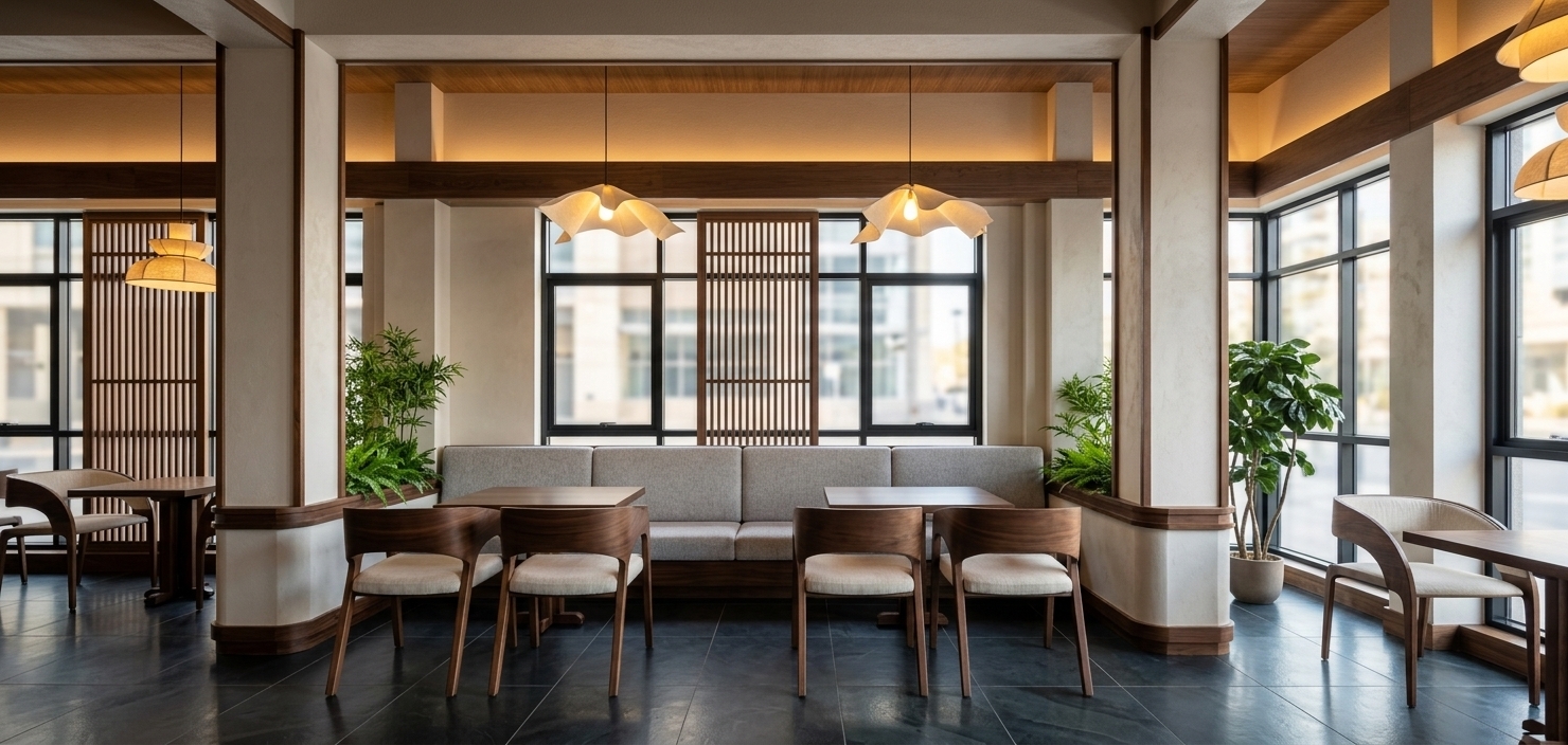 An incredibly lifelike, richly detailed, photorealistic wide-angle interior shot of a sophisticated Japanese Zen restaurant set in a modern upscale urban environment. The scene is illuminated by soft ambient cove lighting glowing beneath timber soffits, warm golden light radiating from dark, organic sculptural pendant shades, and gentle daylight filtering through black steel grid windows, creating a serene, contemplative, and refined atmosphere. Captured with a 35mm architectural wide lens, emphasizing subtly reflective dark slate floor tiles, smooth off-white plaster columns trimmed with deep walnut wood, and fine tactile upholstery. 

At the heart of the dining room, a long, light-grey upholstered banquette seating area is flanked by dark timber tables and elegant curved chairs with cream cushions. In the mid-ground, a food runner seamlessly navigates between the tables carrying a wooden tray, while customers relaxed in the surrounding booths enjoy tea. Dark wood slatted wooden screens add traditional architectural warmth against the modern glass façade, while vibrant indoor plants nestled in integrated planters and corner pots bring lively greenery into this tranquil, beautifully balanced space.