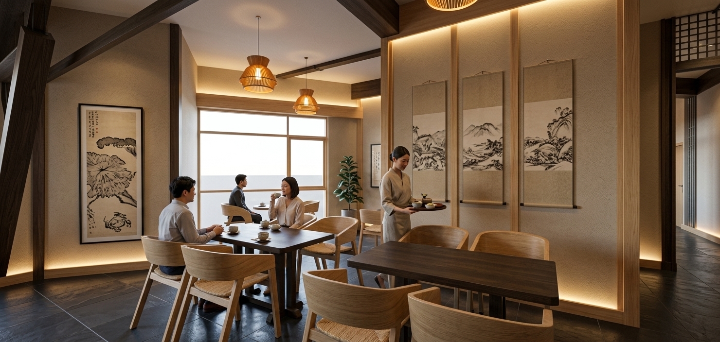 An incredibly lifelike, richly detailed, photorealistic interior perspective shot of an elegant restaurant dining room set in a serene Japanese Zen environment. The scene is illuminated by soft, warm backlighting from hidden wall-cove LEDs, glowing amber wooden pendant lights, and gentle ambient daylight filtering through expansive floor-to-ceiling windows, creating a tranquil, intimate, and sophisticated atmosphere. Captured with a professional 35mm architectural lens, emphasizing subtle glossy reflections on the floor, tactile light-wood grains, and intricate traditional ink-wash artwork scrolls. The dark slate floor tiles exhibit a realistic polish, catching realistic reflections from the warm wall glow and sleek furnishings. Light oak dining chairs surround dark timber tables, where relaxed customers enjoy tea while an attentive food runner gracefully navigates the space with a tray of fresh dishes. Vertical wooden framing, dark exposed ceiling accents, and textured beige plaster walls harmoniously bring this serene, high-end culinary space to life.
