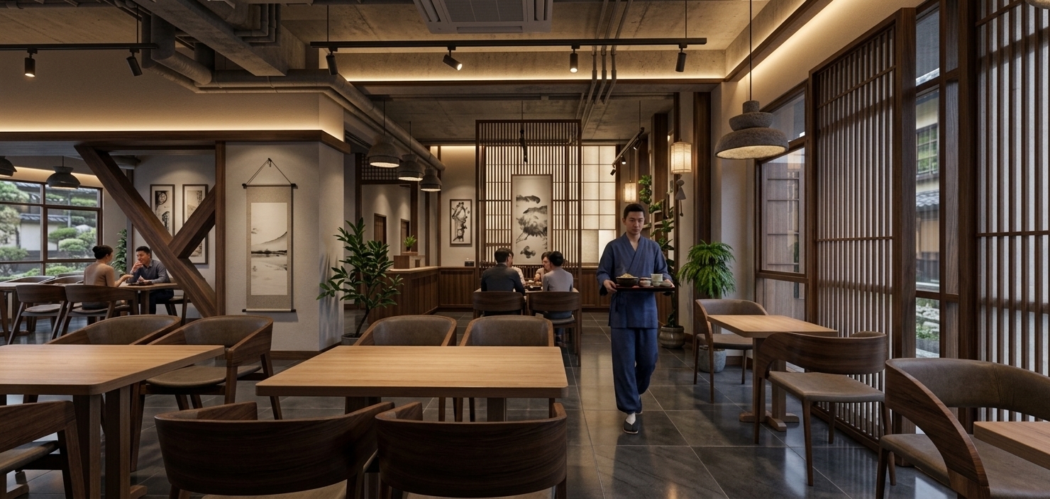 An incredibly lifelike, richly detailed, photorealistic eye-level interior perspective shot of a serene dining area set in an upscale Japanese Zen restaurant. The scene is illuminated by ambient warm cove lighting, rustic stone pendant lamps, and soft directional spotlights, creating a moody, intimate atmosphere. Captured with a 24mm prime architectural lens, emphasizing polished dark grey tile reflections, rich timber grains, and delicate paper wall hangings, the space exudes refined harmony. Guests relax comfortably at dark wooden tables seated in light timber curved armchairs, enjoying low conversation under traditional wooden lattice dividers and hanging ink-wash artwork. Through the central aisle, a food runner dressed in minimalist attire glides across the subtly reflective floor, carrying a tray filled with steaming bowls of ramen and delicate tea sets, bringing authentic Japanese hospitality to life within this balanced architectural space.