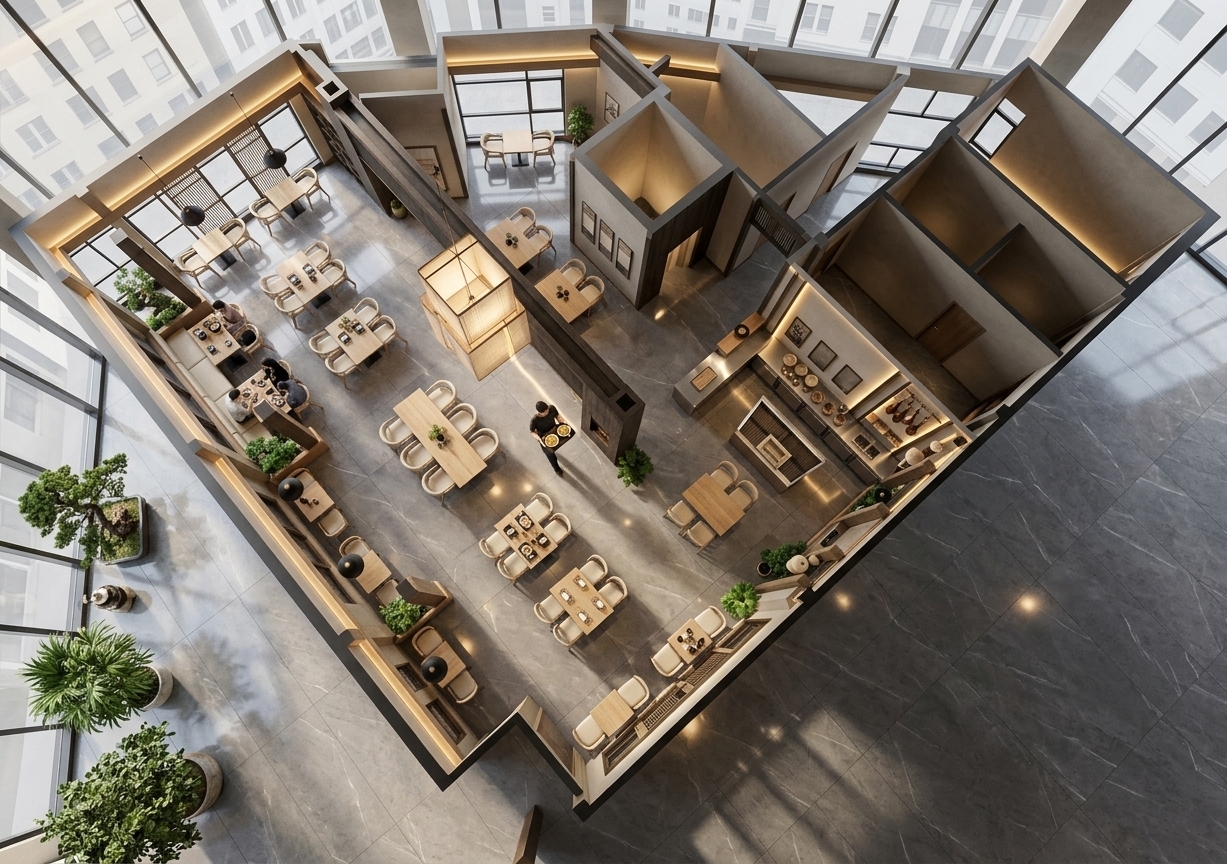 An incredibly lifelike, richly detailed, photorealistic high-angle axonometric interior rendering of a modern Japanese Zen restaurant set in an elegant urban setting. The scene is illuminated by a harmonious blend of diffused natural daylight pouring through floor-to-ceiling perimeter windows and warm, layered architectural lighting—including subtle cove LEDs, glowing accent strips, and low-slung black pendant lights—creating a tranquil, sophisticated, and deeply inviting atmosphere. Captured with a high-resolution 24mm architectural tilt-shift lens, emphasizing the subtle specular reflections gleaming across the polished gray porcelain floor tiles, the fine grain of light oak woodwork, and the rhythmic geometry of dark timber partitions.

In this vibrant visual, the open-plan dining room comes alive with activity: couples and small groups of customers are seated throughout the minimalist wood dining tables, chatting over delicate teaware and fresh sushi, while an attentive food runner gracefully moves through the wide central aisle carrying trays of steaming ramen and small plates from the sleek service counter. The aesthetic embodies pure Japanese Zen design, featuring clean minimalist lines, smooth timber furnishings upholstered in soft cream fabrics, raw concrete accents, and strategically placed indoor greenery, such as delicate bonsai and lush potted plants. Shadow and light play off the polished tile floor, reflecting the warm glow of the light fixtures above and adding incredible depth, realism, and spatial clarity to every corner of this luxurious dining destination.