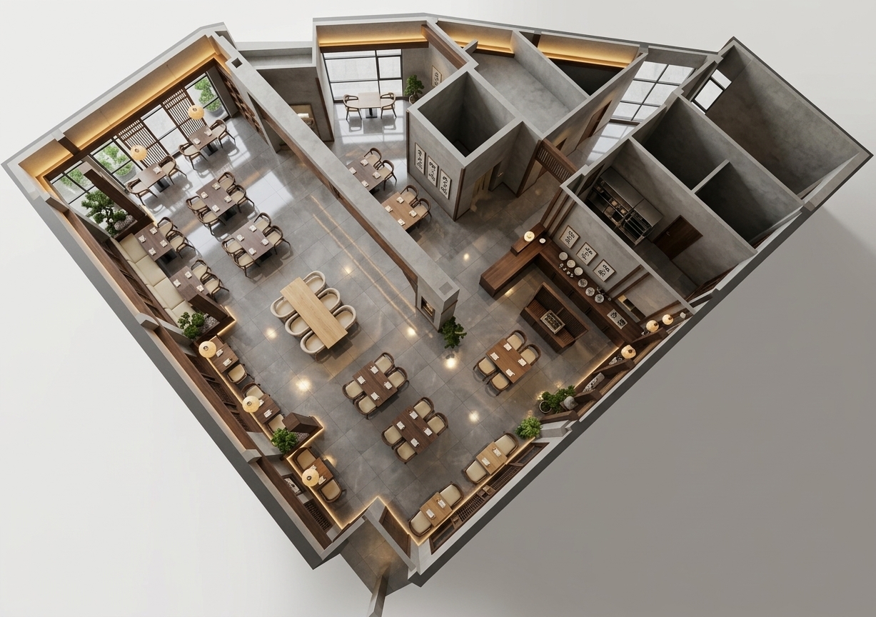 An incredibly lifelike, richly detailed, photorealistic high-angle axonometric cutaway view of a modern Japanese Zen restaurant set in a tranquil urban environment. The scene is illuminated by warm, concealed ceiling cove lights, subtle floor-level accent strips, and soft pendant downlights, creating a serene, inviting, and sophisticated atmosphere. Captured with a wide-angle tilt-shift lens, emphasizing the high-gloss polished gray floor tiles with vivid light reflections, rich timber textures, and flawless spatial symmetry. 

The expansive layout showcases an array of light oak and dark walnut dining sets paired with ergonomic wood-frame seating, complemented by a prominent central communal table featuring soft cream upholstery. Smooth concrete-textured partition walls establish functional zones without sacrificing openness, balanced by traditional dark wood latticework and Shoji-inspired screen accents along large glass windows. Polished service stations, dark timber cabinetry, and framed Japanese calligraphy art enrich the perimeter, while carefully placed potted bonsai trees and lush greenery bring organic warmth to the minimalist geometric aesthetic. Light glitters off the polished ceramic tile floor, echoing the gentle illumination throughout this impeccably designed dining sanctuary.
