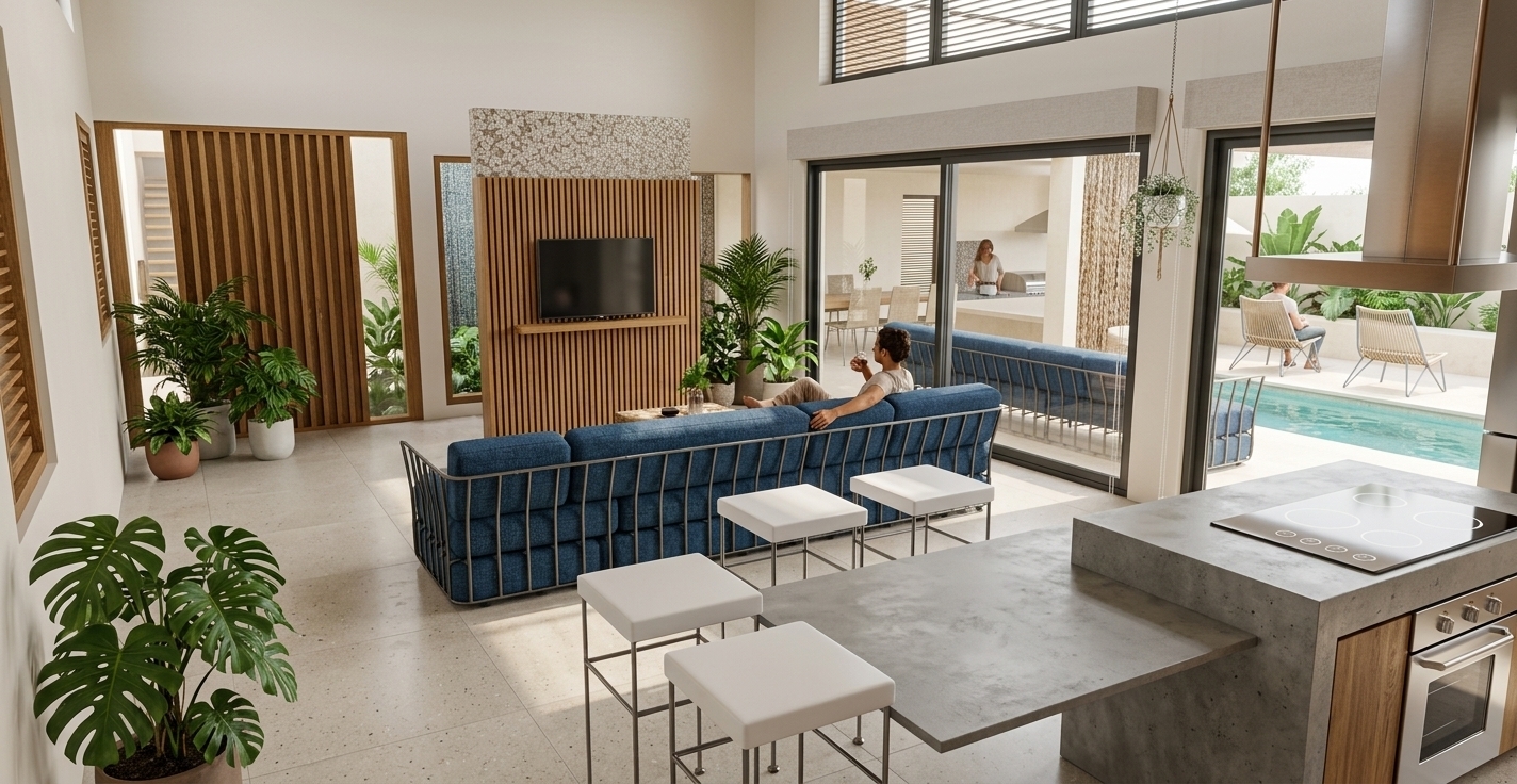 An incredibly lifelike, richly detailed, photorealistic interior wide-angle shot of a luxurious open-concept living area and kitchen set in a modern bohemian oasis. The scene is illuminated by bright, diffused daylight filtering through massive floor-to-ceiling glass sliding doors, creating an inviting, tranquil, and airy atmosphere. Captured with a professional 24mm wide-angle architectural lens, emphasizing warm timber grains, raw stone finishes, and lush indoor greenery, the space blends contemporary neo-African craftsmanship with serene Balinese accents. Verdant monstera plants and potted palms border a striking slatted timber media wall adorned with artisanal stone tiling. Life breathes through the space as residents comfortably gather—one person relaxes on the deep blue sectional sofa, while another enjoys a drink at the light oak kitchen island fitted with a sleek cooktop and modern white barstools. Large open doorways seamlessly reveal the sun-drenched outdoor terrace and shimmering turquoise pool beyond, perfectly harmonizing indoor luxury with tropical nature.
