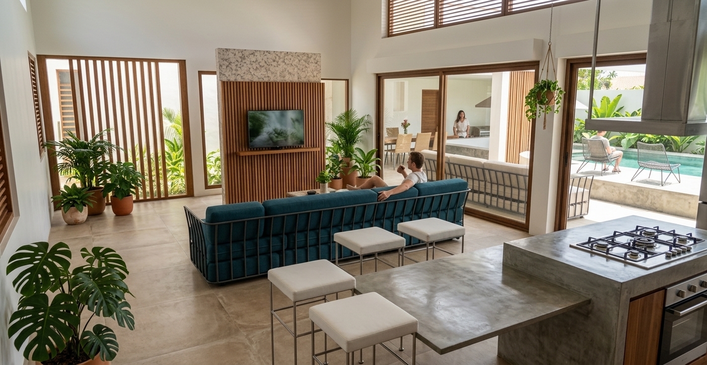 An incredibly lifelike, richly detailed, photorealistic wide-angle interior photo of a modern open-concept living room set in a luxurious tropical villa. The scene is illuminated by bright, clear midday summer light streaming through expansive sliding glass doors, creating an inviting, airy, and free-spirited Bohemian oasis atmosphere. Captured with a professional 24mm architectural lens, emphasizing raw concrete textures, warm slatted wood accents, dynamic deep blue upholstery, and vibrant potted plants, the composition smoothly connects a double-height interior with a sun-drenched outdoor patio and turquoise swimming pool. In the foreground, sleek concrete kitchen counters with built-in appliances and minimalist white barstools frame the view toward a stylish deep-teal slatted sofa where a figure sits enjoying the view. Warm vertical wooden slat wall dividers and a textured floral-patterned accent panel create a central focal point housing a wall-mounted television, while earthy beige floor tiles softly diffuse the natural daylight. Lush indoor foliage—including dramatic potted Monstera plants—seamlessly bridges the gap between the interior decor and the tropical landscape outside, infusing the open layout with a handcrafted, globally-inspired, and effortlessly layered bohemian elegance.