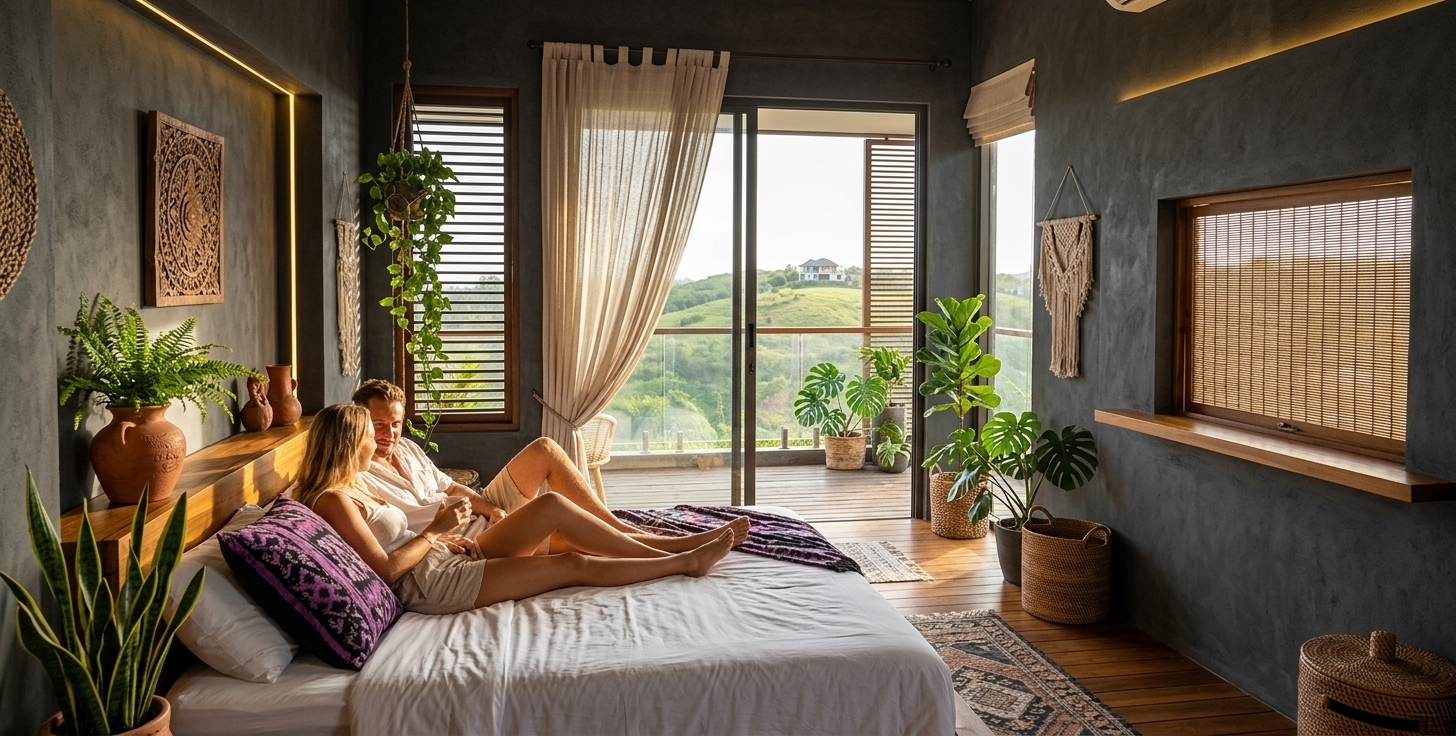 An incredibly lifelike, richly detailed, photorealistic wide-angle interior photograph of a bohemian bedroom oasis set in a sun-drenched tropical villa. The scene is illuminated by bright, golden midday summer sunlight filtering through sheer curtains, creating a warm, vibrant, and relaxing atmosphere. Captured with a 24mm architectural lens, emphasizing rich teak wood flooring, intricate woven rattan textures, vivid bohemian textiles, and glossy green plant foliage. 

In the foreground, a spacious bed draped in crisp linens and a bold purple-and-black patterned throw cushion serves as a haven where a couple is comfortably relaxing in light summer clothing, soaking in the serene afternoon. Lush tropical indoor foliage—including potted monstera plants, towering fiddle-leaf figs, and hanging macramé planters—bursts with color throughout the room. Handcrafted Balinese decor, such as carved wooden wall art, woven bamboo window screens, and terracotta pottery, adds rich cultural depth against dark charcoal accent walls. The large glass sliding balcony door opens onto a glass-railed deck with views of rolling green hills under a bright summer sky, seamlessly blending indoor luxury with a tranquil outdoors.