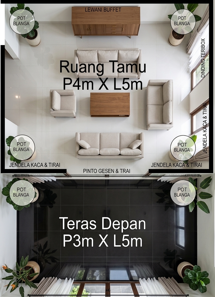An incredibly lifelike, richly detailed, photorealistic top-down architectural floor plan photograph of a modern Japanese Zen living room seamlessly connected to a spacious front terrace set in a minimalist home. The scene is illuminated by soft, natural ambient daylight filtering through floor-to-ceiling glass doors, creating a calm, harmonious atmosphere. Captured with an overhead wide-angle lens, emphasizing the gleaming, polished reflection of clear white ceramic floor tiles inside the living room alongside sleek, polished clear black ceramic tiles across the outdoor terrace floor. At the center of the living room, an elegant arrangement features a large three-seater sofa, a medium two-seater sofa, and a small armchair arranged around a broad, low-profile wooden coffee table. A clean-lined wooden buffet cabinet rests neatly along the top wall, while lush potted plants stand in the corners of both the interior room and the front porch, completing the serene indoor-outdoor layout defined by glass sliding doors and sheer linen curtains.