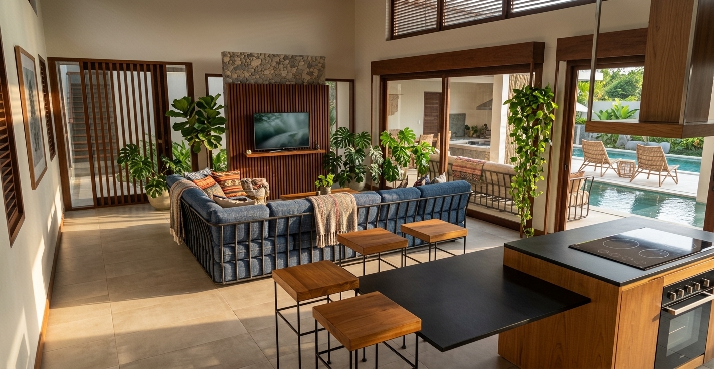 An incredibly lifelike, richly detailed, photorealistic wide-angle interior photo of an open-concept living room and kitchen set in a serene tropical villa. The scene is illuminated by soft, golden late-afternoon sunlight filtering through expansive glass sliding doors, creating a vibrant, bohemian oasis atmosphere. Captured with a 24mm architectural lens, emphasizing rich natural textures, intricate slatted teak wood, smooth black finishes, and lush botanical foliage... 

The living space seamlessly blends Balinese warmth with Neo-African artistic flair, featuring an indigo-blue sectional sofa layered with colorful, hand-woven tribal-patterned cushions and cozy throw blankets. Abundant tropical indoor plants—including towering fiddle-leaf figs, lush monsteras, and cascading pothos—fill the room with vibrant natural energy. A central feature wall made of vertical wooden slats and rustic stacked river stone houses the television, framing the open layout. In the foreground, a sleek oak kitchen island with a matte black countertop and induction cooktop is paired with minimalist counter stools. Beyond the glass sliders, the indoor space flows onto a sunlit poolside terrace equipped with woven rattan loungers, turquoise water reflections, and lush outdoor landscaping.