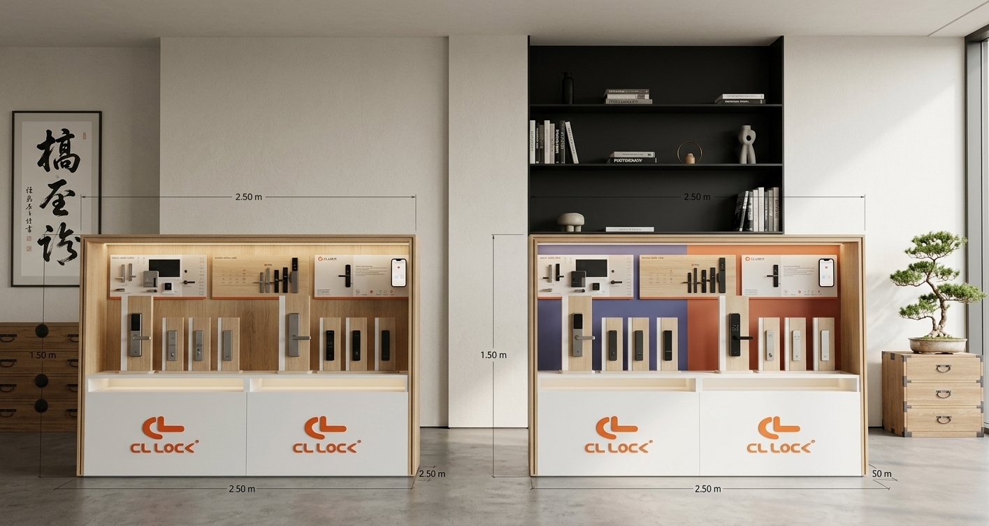 An incredibly lifelike, richly detailed, photorealistic wide eye-level interior photo of dual modern product display units set in a serene Japanese Zen office space. The scene is illuminated by soft, diffused daylight paired with subtle integrated warm LED strip backlighting, creating a tranquil, balanced, and sophisticated atmosphere. Captured with a professional 35mm prime lens, emphasizing natural light oak wood textures, smooth matte white surfaces, and refined metal details. Standing side by side with precise proportions, the bespoke display structures showcase sleek smart door lock hardware mounted on pristine vertical stands. The left cabinet features a warm wabi-sabi light wood panel backdrop, while the right incorporates a vibrant accent panel alongside informative graphical banners. Below, clean white base cabinets proudly display the bold orange "CL LOCK" logo. The surrounding uncluttered room harmonizes shades of neutral off-white, deep matte blacks, and natural greens, complemented by low wooden furniture, a curated photography book, a black-ink Japanese calligraphy artwork hanging nearby, and a delicate indoor bonsai plant that brings organic harmony to the space.