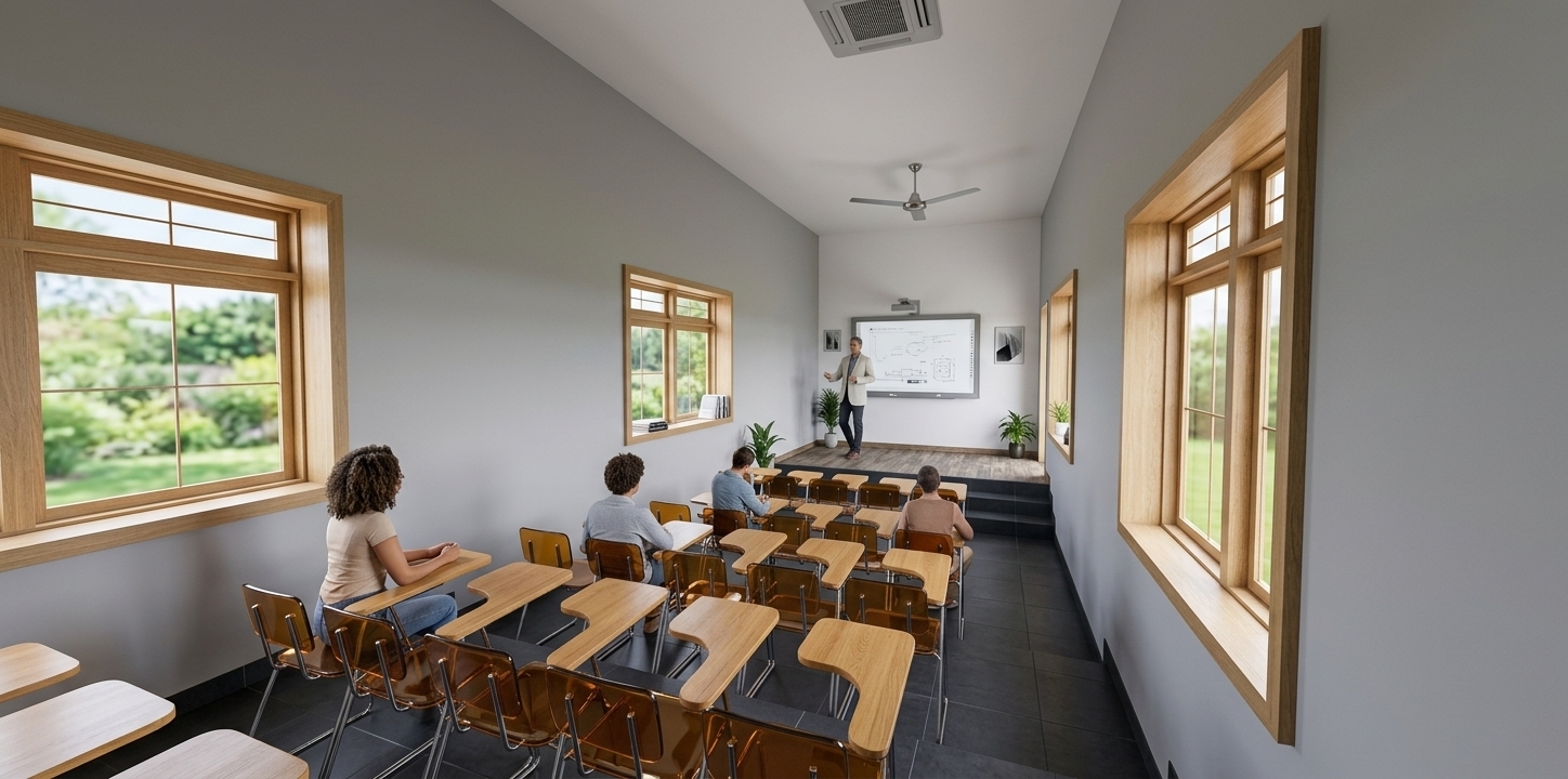 An incredibly lifelike, richly detailed, photorealistic wide-angle interior photo of a modern study room and lecture space set in a contemporary educational center on a clear spring midday. The scene is illuminated by gentle natural light pouring through expansive framed windows, creating a serene and focused atmosphere. Captured with a professional 24mm tilt-shift lens, emphasizing the sleek textures of dark charcoal floor tiles, warm oak desktop surfaces, and smooth matte gray walls. Designed as a functional minimalist haven, the streamlined room features tiered rows of elegant wooden writing desks with vibrant amber-tinted seats facing a raised platform where a lecturer stands beside a modern interactive whiteboard. Embracing a sophisticated monochromatic color palette layered with shades of white, gray, and subtle pastels, the uncluttered interior is enhanced by clean lineation, discreet indoor plants, abstract wall art, and photography books resting on polished, clutter-free surfaces to cultivate a Zen-inspired, peaceful environment.