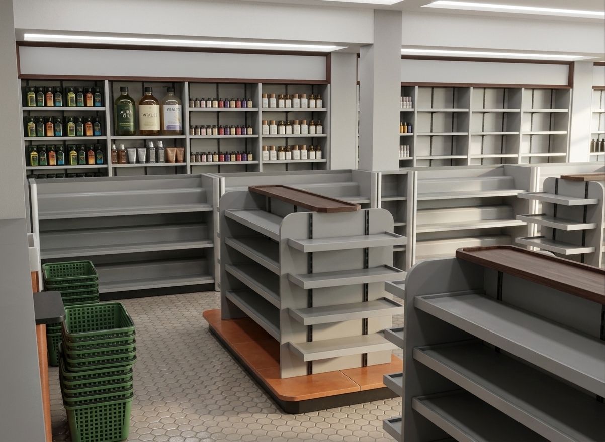 A photorealistic wide-angle interior photograph of a modern, brightly lit retail store aisle, capturing the exact layout, geometry, and composition of the reference image. Crisp, daylight-balanced overhead commercial lighting casts soft, realistic shadows across the grey hexagonal tiled floor, revealing subtle surface gloss and minor specular reflections. In the foreground, stacks of green molded plastic shopping baskets display realistic micro-perforated texture and a subtle plastic sheen. The central retail gondola displays feature smooth matte powder-coated grey shelving, dark metal structural supports, and warm terracotta-tinted trim accents with soft edge reflections. Along the back wall, shelves are neatly arranged with glass and plastic product bottles showing realistic glossy labels and liquid refractions on the upper tiers, while the lower shelves remain sleek and empty. Captured with a sharp 24mm architectural camera lens, maintaining deep depth of field, neutral color rendition, realistic material physics, and gentle ambient light falloff toward the back of the room.