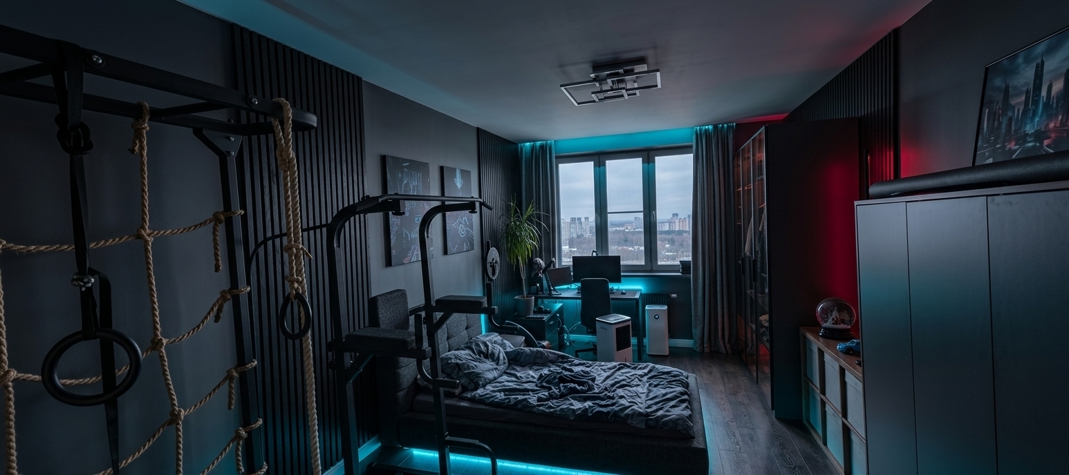 An incredibly lifelike, richly detailed, photorealistic wide-angle interior shot of a sleek teenager's bedroom set in a modern high-rise apartment. The scene is illuminated by dramatic neon LED strips in vivid cyan and deep crimson contrasted with soft, low-key ambient shadows, creating a cinematic and moody neon noir atmosphere. Captured with a 24mm f/2.8 wide-angle lens, emphasizing matte black metal finishes, dark slatted wood wall panels, and vibrant reflections along the floor. 

To perfectly optimize the narrow 6x3-meter spatial proportion, the layout is cleverly zoned to maximize flow and functionality. Near the entry on the left, a streamlined matte-black gym wall ladder with climbing ropes is flush-mounted to save space, balanced by seamless, floor-to-ceiling charcoal wardrobes with smoked-glass doors on the right wall. In the middle section, a low-profile platform bed upholstered in dark textured fabric rests along the left wall, directly facing a large flat-screen TV mounted flush onto dark wood wall paneling on the right wall. At the far end, bathed in both soft window light and under-desk neon backlighting, a floating black gaming desk with an ergonomic chair sits against the window frame. Dark smoked-oak floor planks subtly catch the glow of the dual-tone neon lighting, resulting in an ultra-stylish, highly organized, and immersive sanctuary tailored for a teenager.