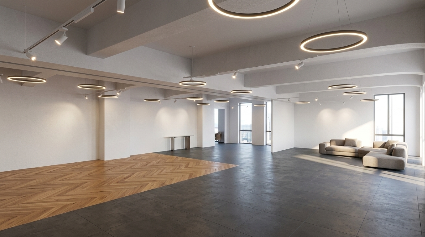 An incredibly lifelike, richly detailed, photorealistic wide-angle interior photo of an open-concept high-end furniture showroom and modern fusion space set in a minimalist urban interior. The scene is illuminated by a harmonious blend of sleek ceiling halo ring pendants, directional track spotlights casting warm pools of light, and brilliant sunlight streaming in from the right wall, creating a sophisticated and warm inviting atmosphere. Captured with a professional wide-angle lens, emphasizing the rich texture of the warm oak herringbone parquet flooring juxtaposed against dark slate grey concrete tiles and polished white concrete finishes. The vast, uncluttered space features clean white textured walls and a high white ceiling with exposed structural beams, establishing an airy, gallery-like layout designed to showcase curated minimalist furnishings and luxury open-concept living.