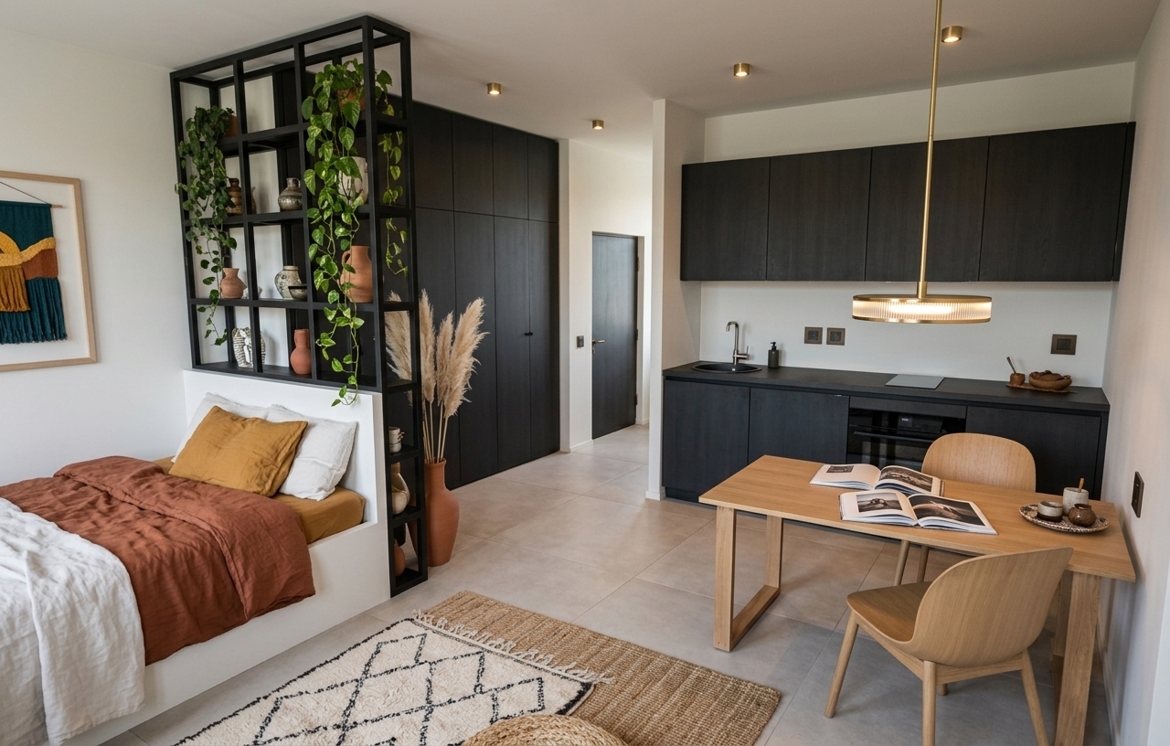 An incredibly lifelike, richly detailed, photorealistic wide-angle interior photograph of a modern studio apartment transformed into a serene bohemian oasis set in an urban city loft. The scene is illuminated by soft, natural sunlight filtering through unseen windows along with subtle warm spotlights, creating an inviting, free-spirited atmosphere. Captured with a 24mm architectural lens, emphasizing tactile textures of handcrafted macrame, woven rattan, soft linens, and vibrant indoor foliage. The open-plan layout showcases a cozy sleeping nook layered with rumpled rust and mustard-toned linen bedding, framed by an open black grid shelf overflowing with trailing pothos plants, vintage-collected ceramics, and tall pampas grass in earthy terracotta vases. A striking textile tapestry art piece in deep teal, mustard, and warm rust accents the sleek white walls. Below, layered Moroccan and woven jute rugs soften the light tiled floor, leading toward a modern dark-toned kitchen and a light wood dining table adorned with open photography books and handcrafted decor, perfectly balancing contemporary structure with globally-inspired warmth.