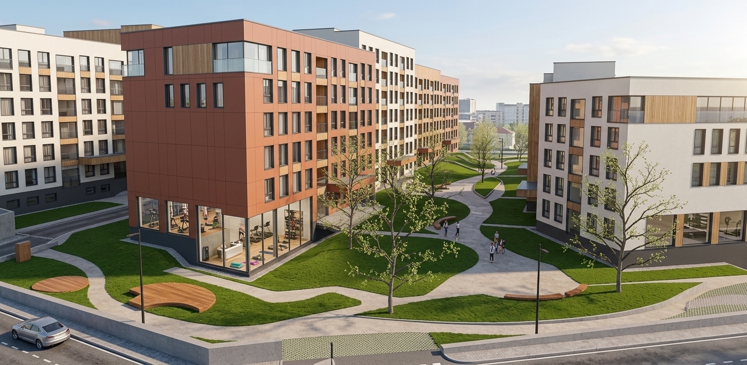 An incredibly lifelike, richly detailed, photorealistic wide-angle elevated urban photo of a contemporary residential complex set in a vibrant modern neighborhood. The scene is illuminated by bright, soft afternoon sunlight casting delicate shadows, creating a welcoming, sophisticated atmosphere. Captured with a high-resolution camera and a 24mm tilt-shift lens, emphasizing the dynamic textures of modern building materials, polished glass, and lush organic landscape elements.

The architectural design showcases a stunning modern fusion aesthetic, featuring unchanged structural proportions upgraded with rich terracotta composite panels, crisp off-white textured plaster, and warm natural timber cladding. Sleek glass-railed balconies, dark metallic window surrounds, and refined decorative accents elevate the exterior facades, while ground-floor commercial spaces reveal an inviting, fully equipped fitness gym visible through expansive floor-to-ceiling panoramic windows. The vibrant courtyard seamlessly integrates contoured green lawns, undulating paved pathways, minimalist black streetlights, and ergonomic curved wooden benches. Sculpted shrubs, leafy trees, passing pedestrians, and a sleek car along the perimeter street add authentic urban life and movement to this elegant living community.