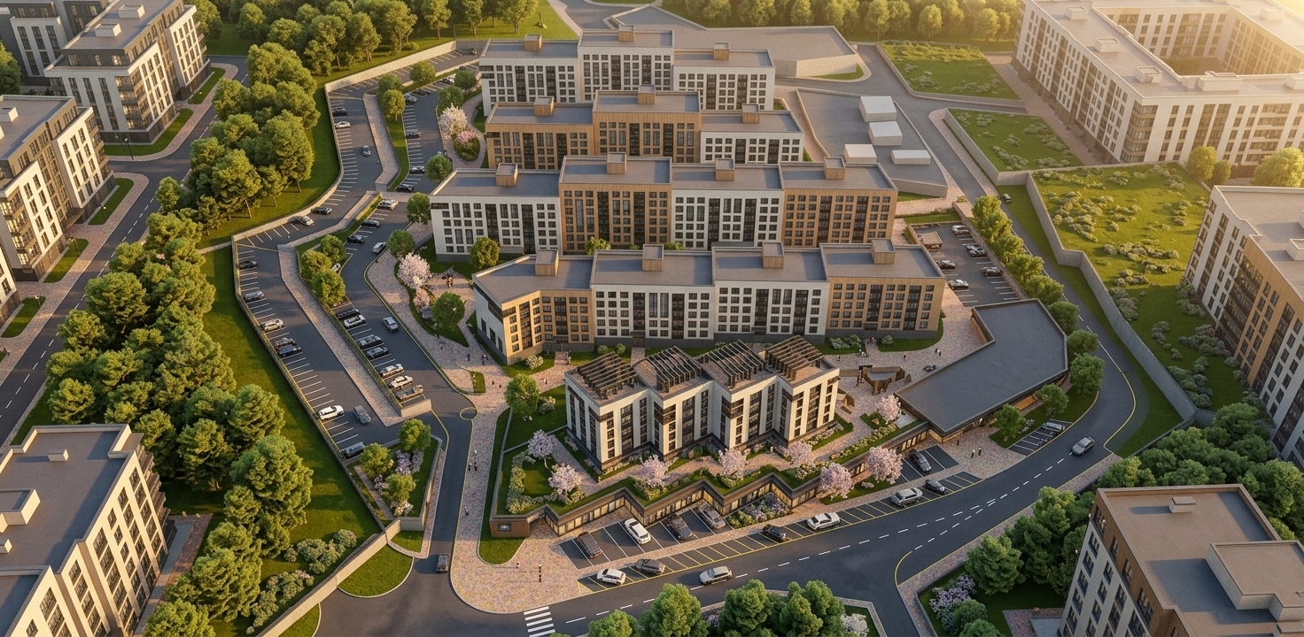 An incredibly lifelike, richly detailed, photorealistic aerial high-angle view of a state-of-the-art modern residential complex set in a vibrant urban landscape. The scene is illuminated by warm, golden late-afternoon sunlight, creating a serene, upscale, and welcoming atmosphere. Captured with a professional drone camera and wide-angle tilt-shift lens, emphasizing the rich contrast of exterior textures, glass reflections, and meticulously planned green surroundings.

The multi-tiered residential towers showcase a striking modern fusion architectural style, retaining their original silhouettes while featuring elevated facades clad in a sophisticated combination of textured mineral plaster, warm vertical timber slats, sleek dark composite curtain panels, and smooth porcelain tiles. Accent balconies and glass loggias with delicate dark metal railings add architectural depth and contemporary elegance to every floor. Below, the surrounding grounds showcase high-end landscape design complete with manicured green lawns, sculpted shrubs, blossoming trees, and paved pedestrian paths lined with minimalist street lanterns and wooden benches. Contemporary luxury cars are parked along neatly marked asphalt lanes, while residents stroll peacefully along the courtyard, bringing vibrant life to this eco-conscious neighborhood.