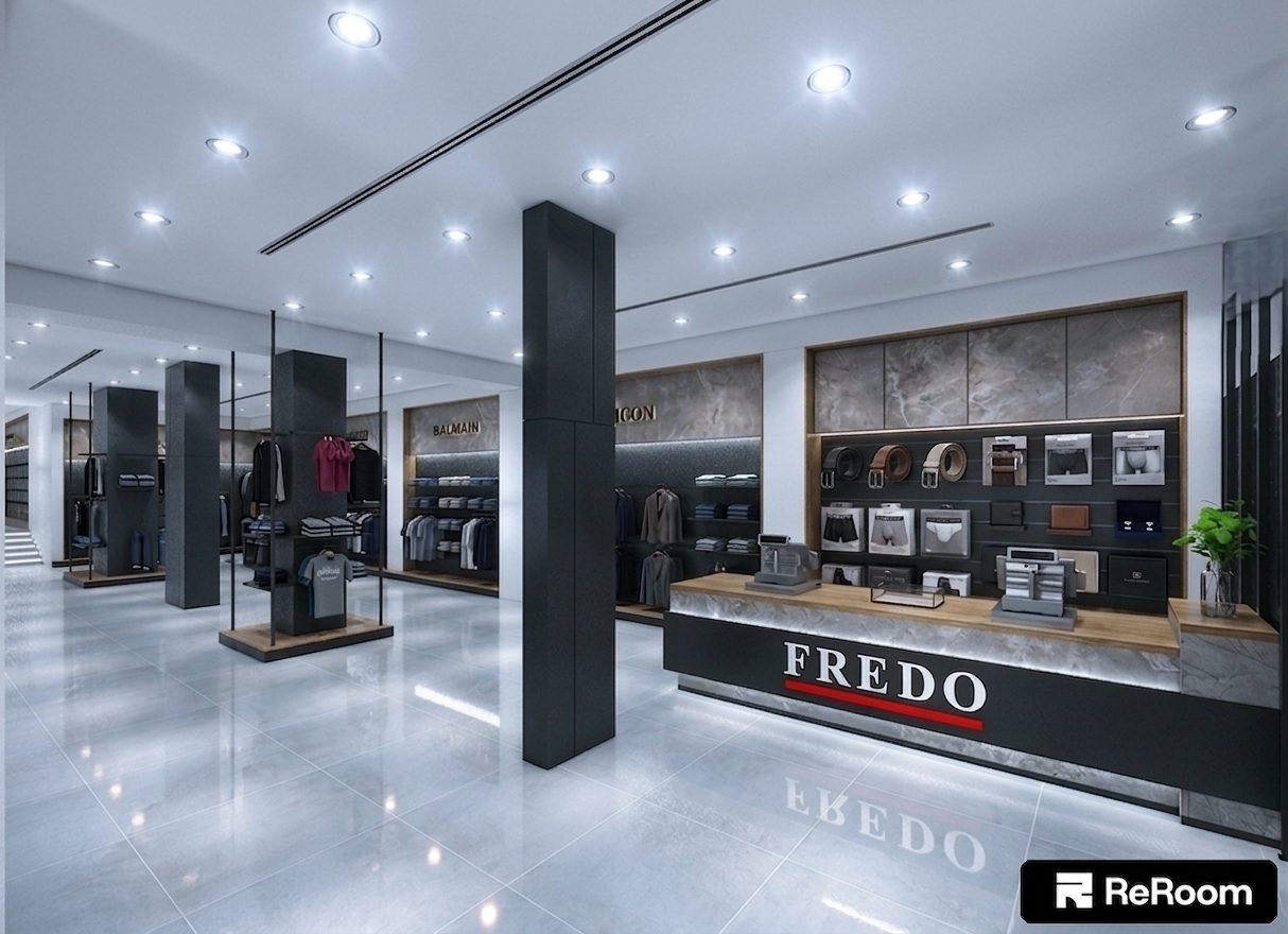 A crisp, architectural interior photograph of a modern luxury clothing boutique, maintaining the exact structural geometry, camera perspective, layout, and scene composition of the original image. The overhead recessed spotlights cast a clean, neutral 4000K light throughout the store, replacing warm tones with bright, balanced commercial illumination that blooms softly around each ceiling fixture. The highly reflective light grey floor tiles vividly capture realistic, neutral reflections of the ceiling lights, featuring fine tile grout lines, subtle micro-scuffs, and realistic glossy surface sheen. Tactile finishes on the matte dark columns, rich wood accents, marble counter fascia with the FREDO logo, and fine fabric textures of the displayed apparel are rendered with authentic depth. Captured on a professional camera with a wide-angle lens, the scene exhibits realistic photographic characteristics, including gentle lens vignetting toward the frame edges, faint chromatic aberration along high-contrast lines, and fine sensor grain in deep shadows.