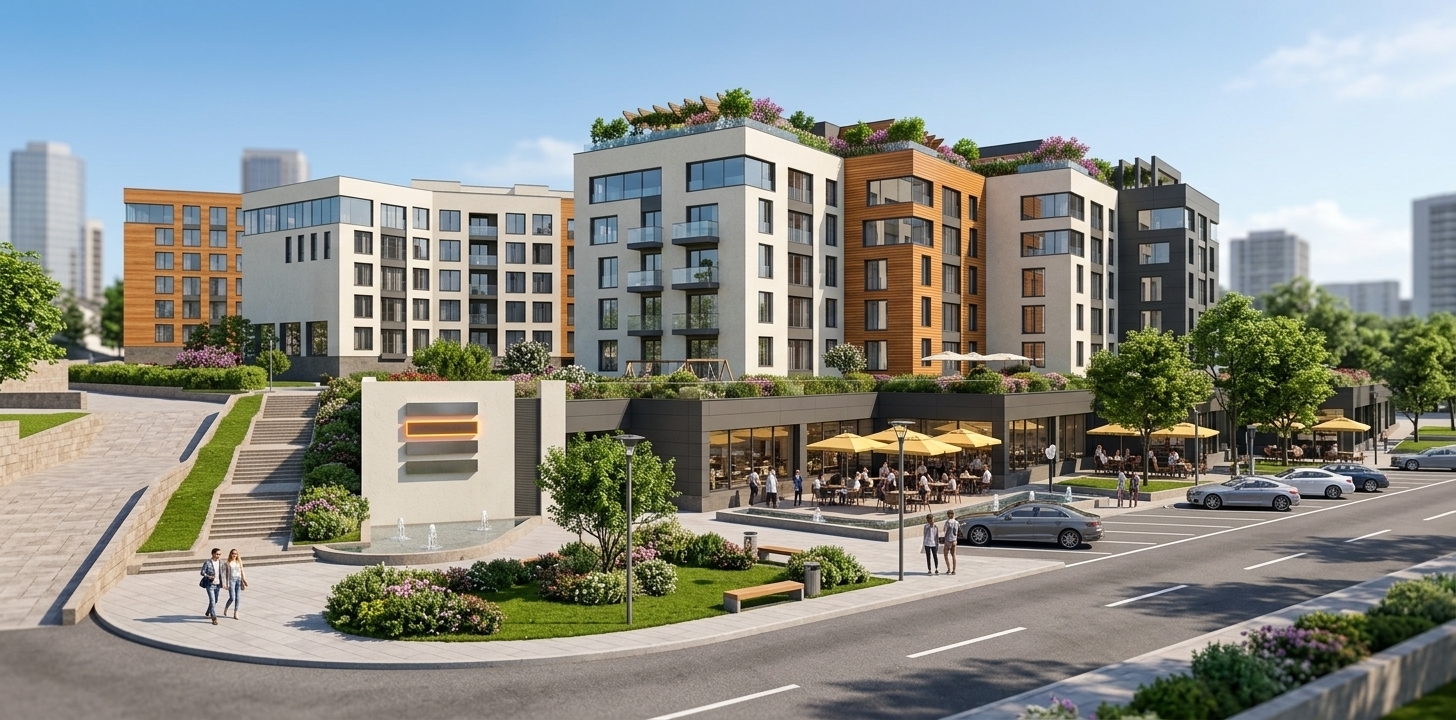 An incredibly lifelike, richly detailed, photorealistic wide-angle exterior architectural photo of a vibrant, upscale modern residential complex set in a lively urban street plaza. The scene is illuminated by brilliant mid-day sunlight, creating a bright, welcoming, and luxurious atmosphere filled with contemporary elegance. Captured with a professional 24mm tilt-shift lens, emphasizing the tactile textures of warm slatted wood panels, smooth off-white textured plaster, dark anthracite composite cladding, and reflective glass curtain walls with cantilevered glass balconies and recessed loggias. At the street level, a sleek ground-floor restaurant opens onto a lively patio terrace with yellow umbrellas and dining patrons. Surrounding the venue is a meticulously designed landscape with lush green lawns, flowering bushes, leafy trees, modern street lanterns, timber benches, small bubbling fountains, strolling pedestrians, and sleek luxury cars parked along the clean asphalt street.