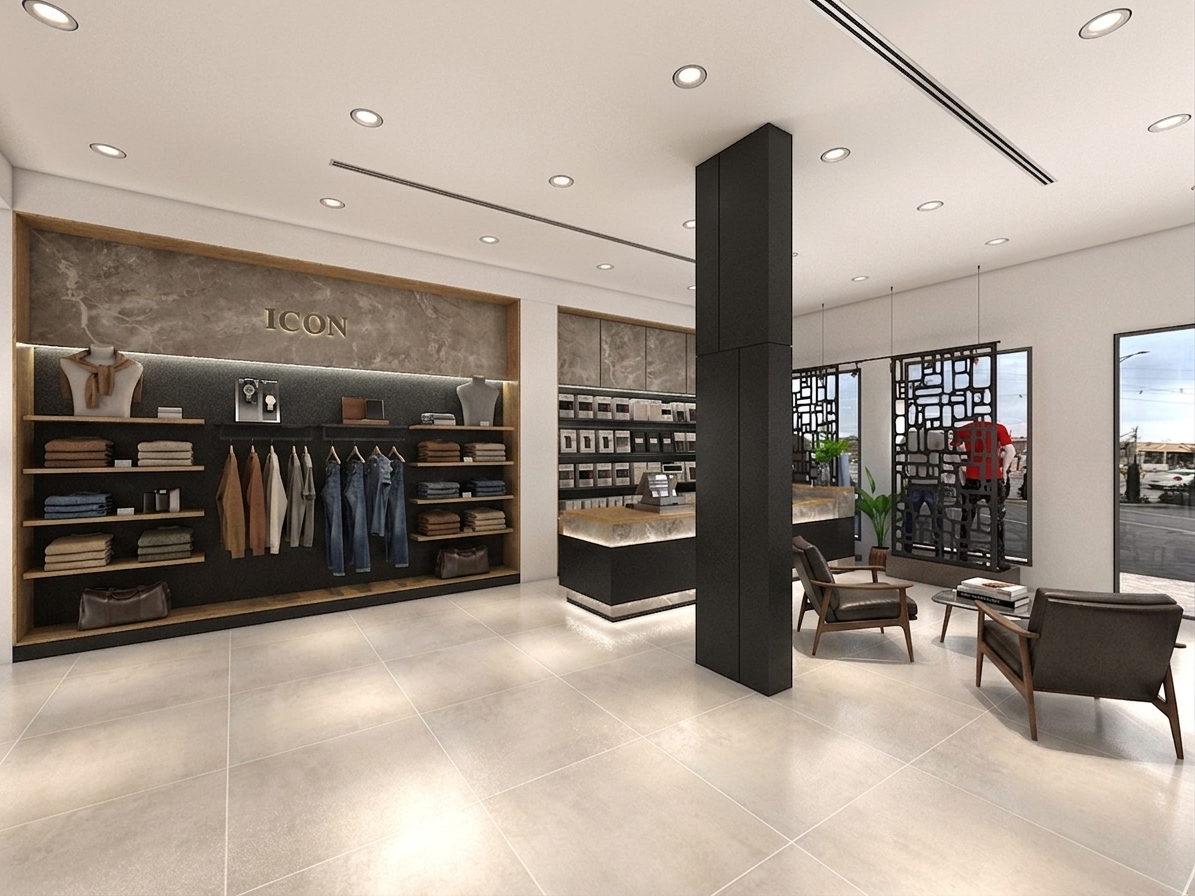 An eye-level architectural interior photograph of an upscale retail boutique, maintaining the exact structural layout, perspective, and camera position of the original image. On the left wall, beneath the warm-lit brushed gold ICON lettering on the veined grey marble banner, the dark matte display shelves are now tastefully arranged with curated luxury clothing, featuring neatly folded premium garments on the wooden ledges and hanging apparel with natural fabric folds. Behind the sleek black cash desk with its marble accents and register terminal, the dark background niche is meticulously stocked with minimalist boxed underwear packaging and neatly displayed leather belts. Visible through the clear glass storefront windows and entrance door on the right is a vibrant modern city street with contemporary glass architecture, clean sidewalks, and bright daytime light filtering inward. The polished off-white floor tiles reflect the ceiling's recessed spotlights with soft micro-blur, captured through a crisp 20mm architectural lens with rich material physics, realistic textures, subtle depth of field, and balanced indoor-outdoor lighting.