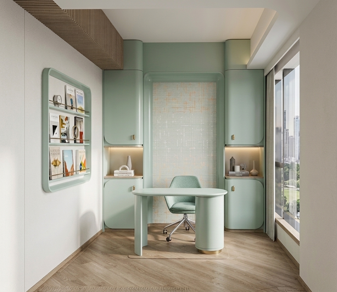 A professional interior architectural photograph of the modern home office interior, captured from a straight-on eye-level perspective using a 35mm tilt-shift lens on a full-frame camera. Bright, diffuse natural daylight streams gently through the floor-to-ceiling glass window on the right, illuminating the soft matte sage-green cabinetry, the curved desk, and the pale oak herringbone parquet flooring with realistic directional light and soft shadow falloff. Warm, hidden ambient LED lighting in the display alcoves casts a cozy glow over the ceramic vases and detailed shelving, creating a balanced contrast between warm artificial light and cool natural daylight. Preserve all existing geometry, wall shelf arrangements, furniture positions, and materials precisely. Surface details feature ultra-realistic micro-textures: tactile fabric weave on the chair, faint wood grain and satin finish on the parquet flooring, subtle paper texture on the wall-mounted magazines, and a refined metallic sheen on the brushed brass handles and chair base. The image exhibits physically accurate global illumination, ray-traced reflections on the glass window, soft ambient occlusion, mild natural film grain, faint chromatic aberration near high-contrast edges, and a light vignetting that grounds the photograph in authentic real-world realism.