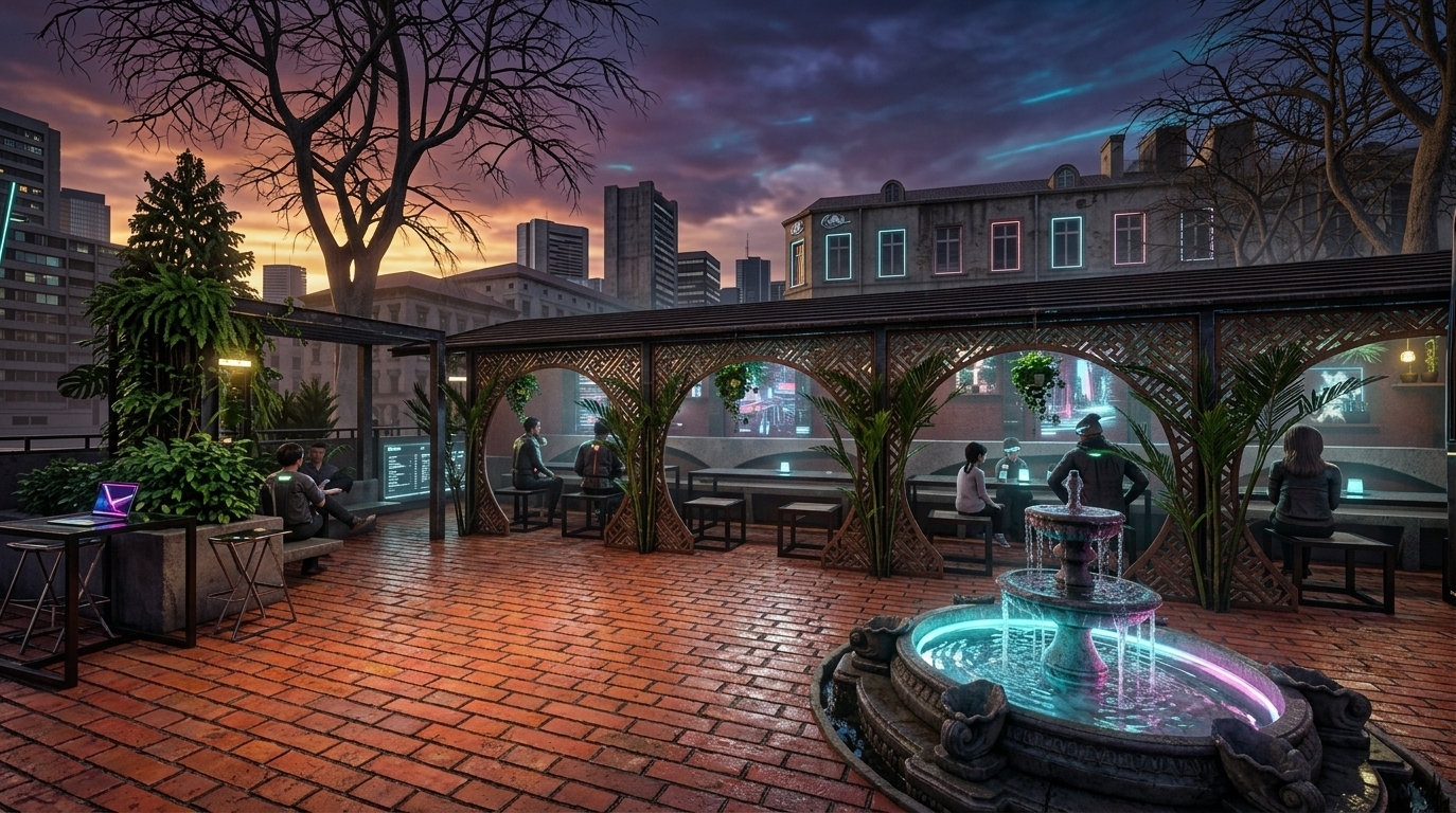 An incredibly lifelike, richly detailed, photorealistic wide-angle shot of an outdoor coffee shop plaza set in a gritty, high-tech urban environment. The scene is illuminated by a deep golden-hour sunset blended with moody, neon-noir reflections, creating a sleek, dark, and cybernetic atmosphere. Captured with a wide-angle 24mm lens, emphasizing the intricate textures of the reddish-orange brick paving, the glowing water of the tiered stone fountain in the foreground, and the industrial dark steel and wooden lattice pergolas. Underneath the covered pavilion, patrons relax at metal and glass furniture with minimalist surfaces, surrounded by shimmering holographic wall art mounted on the walls and lush indoor foliage cascading around the structural pillars. Towering urban architecture and sprawling bare tree branches frame the horizon against a dramatic dusk sky, completing this sleek, cyberpunk-inspired photography portrait.