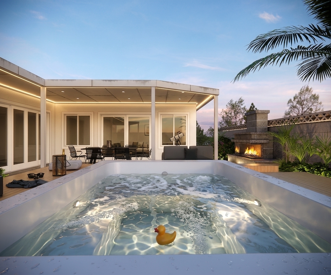 A wide-angle 24mm architectural photograph taken at golden dusk captures this modern backyard patio with enhanced realism and rich, atmospheric lighting. The clear pool water is transformed into an active, churning spa with realistic jacuzzi bubbles, effervescent surface foam, and gentle steam wisps, while intricate caustic light patterns refract across the submerged interior walls and steps around the yellow rubber duck. Overhead, the low-sloped roof and patio overhang feature authentic matte structural seams, subtle weathering, and warm recessed soffit lighting that softly illuminates the fine tactile stucco texture of the exterior walls and the dark-framed sliding glass doors. The composite wooden decking exhibits fine micro-grain textures, soft water droplets, and realistic matte reflections. To the right, the stone outdoor fireplace glows naturally with flickering flames and warm embers, casting deep, soft shadows across the surrounding tropical foliage and palm leaves. The lighting is beautifully balanced between the warm interior and accent lights and the cool twilight sky, complete with natural camera traits like slight film grain, soft edge vignetting, and gentle lens bloom around light sources.