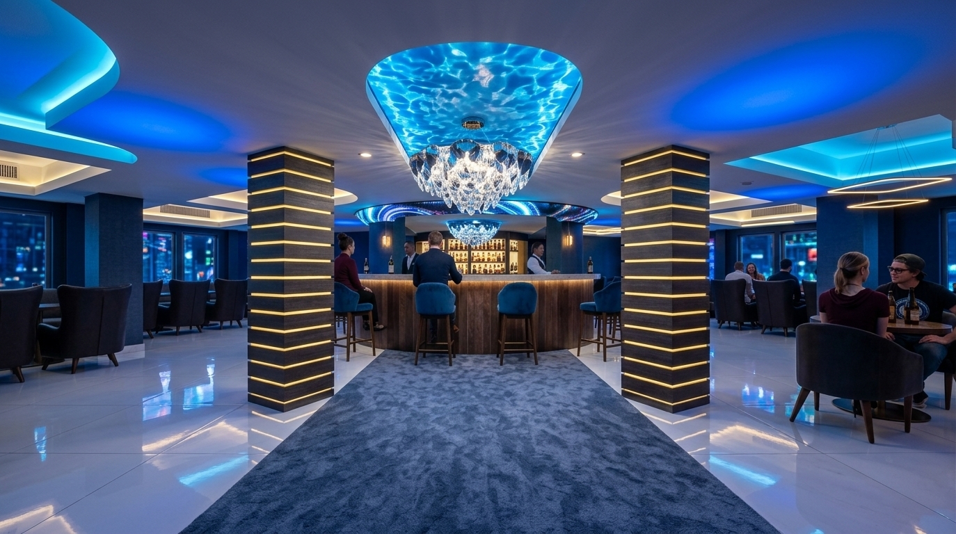 An incredibly lifelike, richly detailed, photorealistic eye-level interior photo of an exclusive lounge restaurant set in a vibrant techno wonderland urban venue at night. The scene is illuminated by striking electric blue ceiling light pools and warm, glowing yellow ambient neons, creating an immersive, futuristic, and dynamic atmosphere. Captured with a high-end 24mm wide-angle lens, emphasizing glossy polished floor reflections, rich fabric textures, and metallic column detailing, a plush slate-blue runner guides the eye directly toward a central circular bar where patrons socialize on modular blue velvet barstools. Above, a surreal, liquid-blue ceiling recessed portal casts aquatic light over a mesmerizing cascading crystal chandelier. Modern, geometric drop ceiling tray panels glow with bright neon cove lighting, contrasting elegantly against dark-hued slatted accent columns. Flanking the central corridor, stylish dark tub chairs and modern modular tables sit on pristine, high-gloss white tiled floors that catch shimmering reflections of the dynamic light display, seamlessly blending techno-inspired decor, digital aesthetics, and luxurious hospitality design.