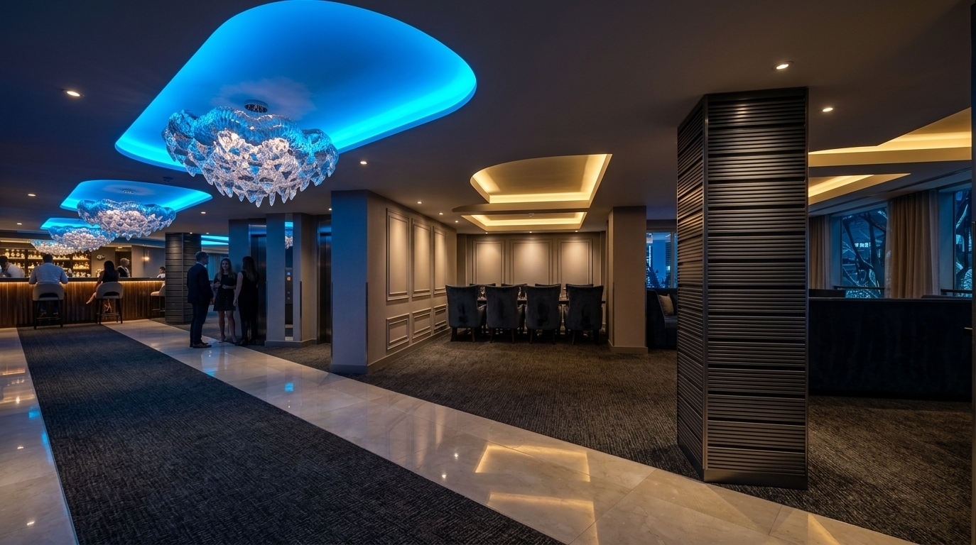 An incredibly lifelike, richly detailed, photorealistic wide-angle interior photo of a futuristic restaurant and lounge set in an upscale techno wonderland venue at night. The scene is illuminated by a striking contrast of vibrant electric-blue recessed ceiling light pools and warm golden ambient coves, creating a dynamic, surreal, and immersive atmosphere. Captured with a 24mm architectural lens, emphasizing the deep texture of the dark charcoal hallway carpet, the reflective cream marble floor, and the intricate crystal chandeliers floating beneath glowing light cutouts. 

To the right, prominent structural pillars wrapped in dark, metallic horizontal-slatted panels add a sleek, modular feel, balancing the elegant elevator bank and private dining alcove lined with dark velvet seating. Farther down the left walkway, a warmly lit bar hums with nocturnal energy, where patrons gather under a rhythmic series of radiant cyan ceiling installations, framing a perfectly composed, high-end digital nightlife experience.
