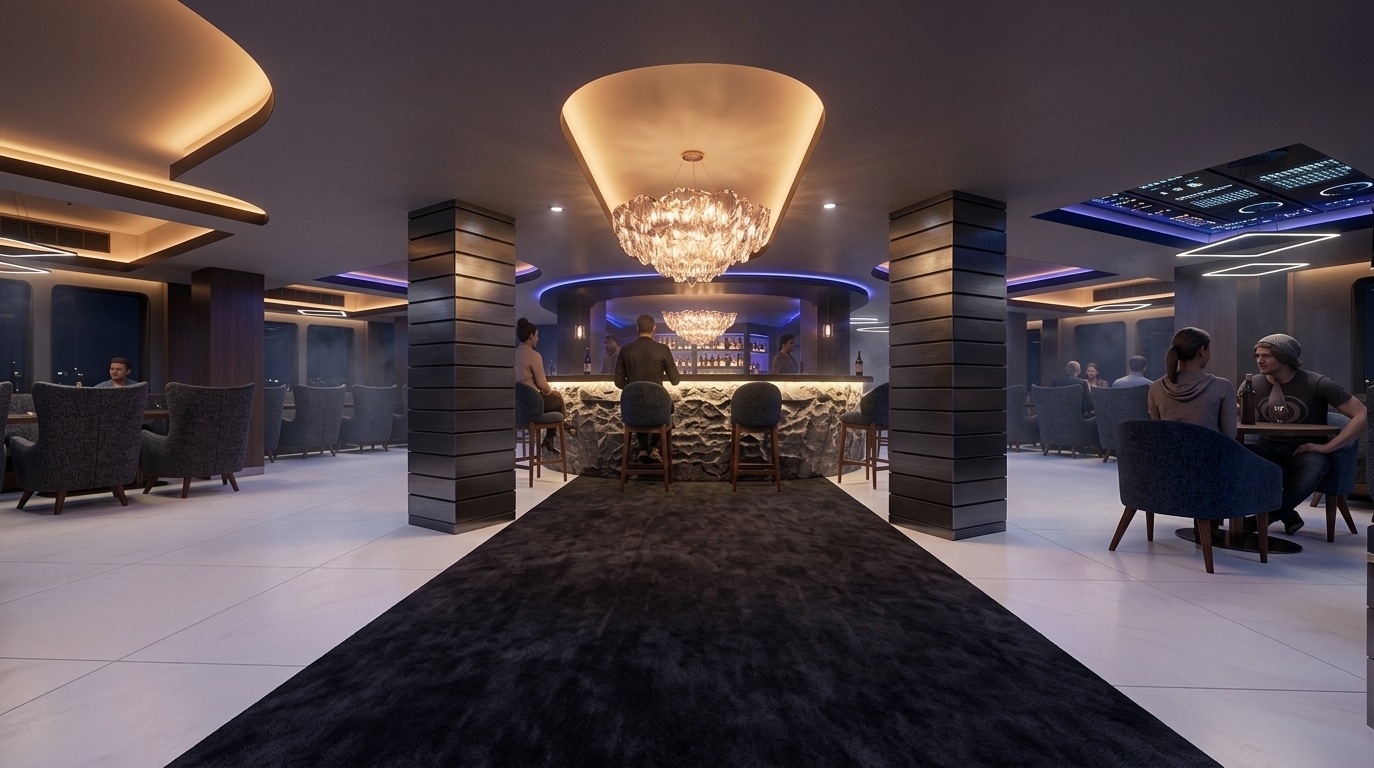 An incredibly lifelike, richly detailed, photorealistic wide-angle interior photo of a sleek techno wonderland restaurant set in an exclusive nighttime lounge. The scene is illuminated by warm ambient cove lighting hidden within sculptural ceiling cutouts, soft neon accents, and glowing crystal chandeliers, creating a vibrant, dynamic, and intimate atmosphere. Captured with a professional architectural wide-angle lens, emphasizing the contrasting textures of crisp white floor tiles, a deep charcoal central runner carpet, horizontally grooved dark metallic columns, and a rugged, backlit raw-stone bar counter. Patrons enjoy drinks at modular dark-upholstered armchairs and barstools arranged around the central bar area, framed by ambient backlighting and futuristic architectural finishes that give the space a surreal, high-end feel.