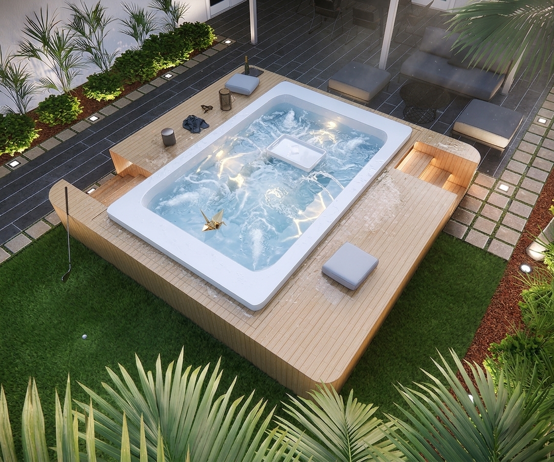 A high-angle architectural photograph capturing the exact backyard patio and hot tub layout, where the clear light-blue water inside the sleek white jacuzzi shell comes alive with effervescent, swirling micro-bubbles, active water turbulence, and glowing underwater LED lighting casting soft caustics against the interior walls. The surrounding pale wooden deck reveals fine tactile grain, natural wood micro-textures, and gentle warm reflections from the ambient light and built-in step lights. The green lawn is rendered as rich, realistic turf with individual grass blades showing natural variations in height, shade, and subtle dew-like moisture sheen. Late-afternoon natural light blends seamlessly with warm 3000K accent spotlights along the garden borders and step risers, creating realistic depth, soft drop shadows, and delicate highlights on the dark stone patio tiles and outdoor furniture in the background. Crisp foreground palm fronds feature realistic leaf textures and minor natural imperfections, while subtle film grain, mild optical bloom around illuminated sources, and gentle vignetting give the photograph an authentic, high-end architectural magazine quality.