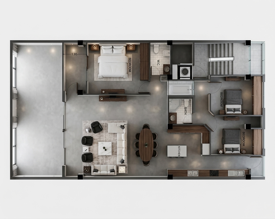 An incredibly lifelike, richly detailed, photorealistic top-down architectural floorplan photo of a high-end luxury suite set in a minimalist haven hotel. The scene is illuminated by soft, recessed architectural ceiling spotlights and bright, ambient daylight streaming from adjacent window vistas, creating a serene, sophisticated atmosphere. Captured with a high-resolution wide-angle tilt-shift lens directly overhead, emphasizing the sleek matte-gray micro-cement flooring, rich dark walnut furniture accents, and plush fabric upholstery throughout. 

The expansive living area features a grand L-shaped lounge setup with premium dark charcoal armchairs, a soft off-white sectional sofa, and a polished marble coffee table at its center. Nearby, an elegant oval dining table with six sculpted, designer chairs sits beside a sleek, minimalist kitchen counter fitted with chrome fixtures and modern appliances. The master bedroom offers a lavish king-sized bed dressed in crisp, hotel-grade white linens, complete with an en-suite bathroom featuring a contemporary glass-walled shower and refined white porcelain fixtures. Additional cozy bedrooms with tailored bedding, streamlined wardrobes, and a fully appointed central bathroom complete this perfectly balanced, light-filled spatial layout.