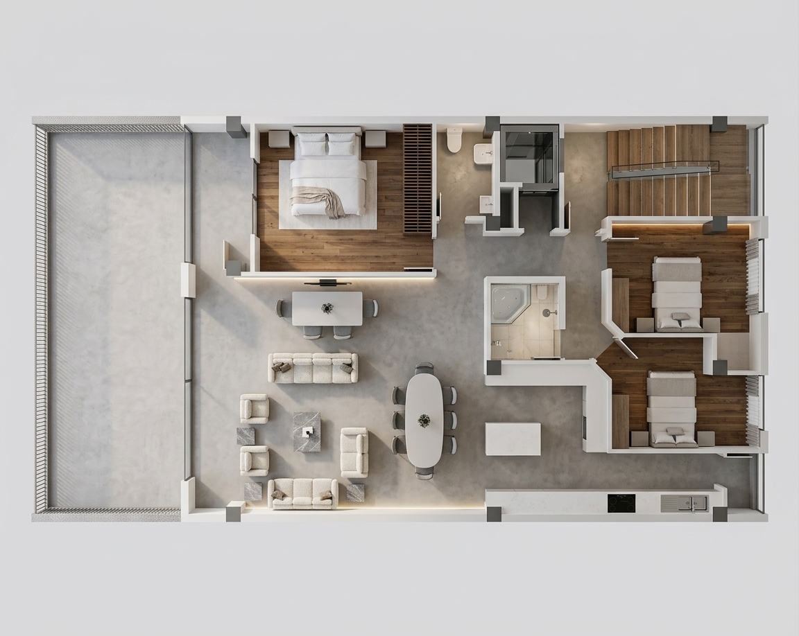 An incredibly lifelike, richly detailed, photorealistic top-down floor plan photograph of an expansive minimalist hotel suite set in an ultra-modern luxury resort. The scene is illuminated by ambient recessed ceiling LEDs and soft, natural daylight filtering through floor-to-ceiling perimeter windows, creating a bright, tranquil, and sophisticated atmosphere. Captured with a high-resolution architectural camera setup, emphasizing smooth micro-cement flooring, rich oak wood accents, and pristine white interior surfaces, the layout precisely mirrors the architectural blueprint. 

At the heart of the open-concept layout, a sleek living area features contemporary modular sofas framed around a central marble coffee table, leading seamlessly into an elegant dining zone with an oval table and six tailored chairs. Along the lower wall, a minimalist kitchen counter exhibits integrated stainless steel appliances and a clean cooktop surface. The spacious master bedroom suite offers a plush king-sized bed, decorative slatted wall panels, and an en-suite W.C. fitted with polished porcelain fixtures. Across the hallway, a sleek central bathroom showcases a glass-enclosed corner tub, while two secondary guest bedrooms are perfectly furnished with neatly dressed single beds and streamlined nightstands. In the top-right corner, a state-of-the-art glass elevator shaft with polished dark chrome framing sits seamlessly alongside a modern multi-flight staircase, finishing this impeccably organized layout.