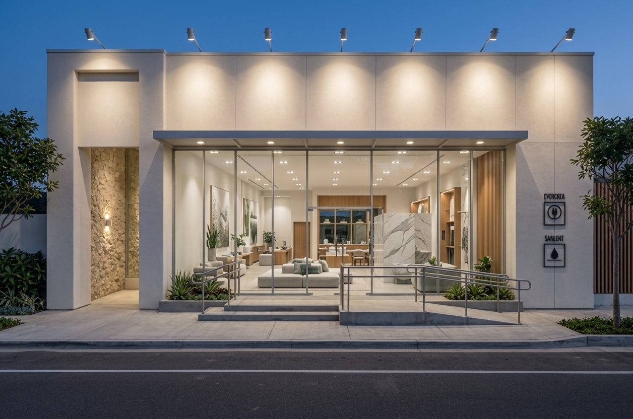 An incredibly lifelike, richly detailed, photorealistic wide-angle front-facing exterior architectural photo of a modern Scandinavian sanctuary clothing store facade set in an upscale suburban neighborhood during dusk. The scene is illuminated by warm interior downlights and exterior top-mounted spotlights that softly wash down off-white stucco panels, creating a tranquil, serene, and inviting hygge-inspired atmosphere. Captured with a full-frame camera equipped with a 35mm tilt-shift architectural lens, emphasizing smooth paneling, coarse stone accent walls, polished concrete paving, and crystal-clear floor-to-ceiling glass panes. Through the large windows, the clean, bright, and airy retail space displays plush textiles on low-profile seating, sleek wooden and metal furniture, carefully placed photography books, nature-inspired wall art, and subtle greenery in understated planters. A paletted interior of shades of white, gray, and soft greens harmonizes with warm vertical wooden slats and polished marble partitions inside. The exterior entry features an accessible concrete ramp with brushed metal handrails, neatly manicured planter beds, and minimalist utility signage mounted on the right facade panel, framed perfectly against a deep twilight sky and crisp asphalt roadway in the foreground.