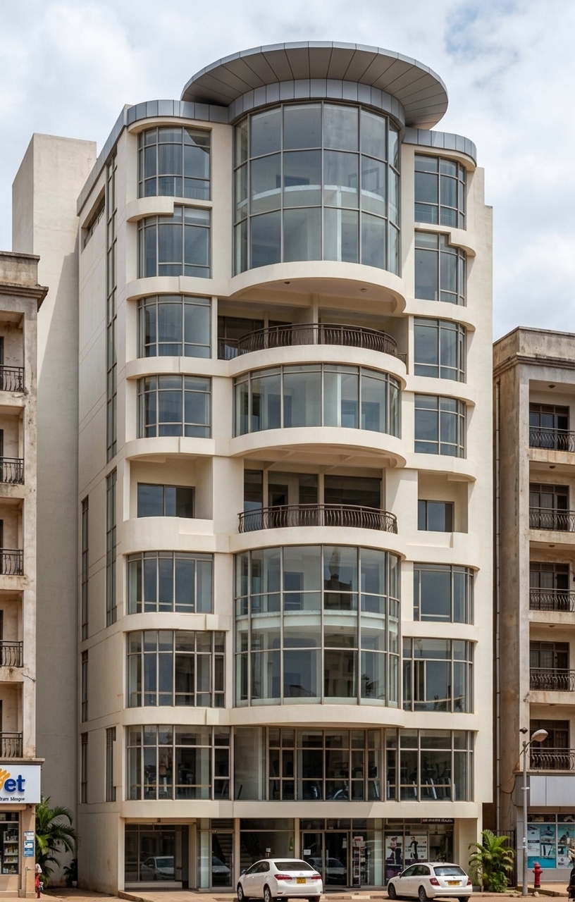 An incredibly lifelike, richly detailed, photorealistic front elevation wide-angle architectural photograph of the Kisementi Mixed-Use Tower set in the dense urban streetscape along Bukoto Street in Kampala, Uganda. The scene is illuminated by bright 11:00 am equatorial midday light diffused through a slightly cloudy sky, creating a crisp, refined, and vibrant daytime atmosphere. Captured with a high-resolution 24mm tilt-shift architectural lens, emphasizing the smooth cream-white rendered concrete, reflective curved glass curtain walls, and the metallic texture of the grey Alucobond circular roof crown. Grounded in a modern fusion architectural style, the nine-story tower showcases a dynamic, rhythmic elevation defined by stacked, undulating curved balconies, continuous convex floor-to-ceiling glass bays, and soft ivory spandrels that frame the structure's balanced proportions. Tightly flanked on either side by three-story commercial streetfront buildings separated by hairline vertical shadow joints, the building creates a seamless urban wall. Through the expansive lower-level shopfront glass, brightly lit retail and fitness gym interiors are visible, while the sleek forecourt features parked cars sitting on paved bays alongside subtle tropical planting, capturing an authentic, high-density East African commercial hub at peak morning activity.