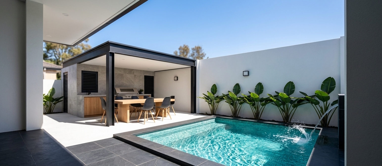 An incredibly lifelike, richly detailed, photorealistic wide-angle architectural photo of a luxurious outdoor pool area and social terrace set in a private contemporary residential patio. The scene is illuminated by bright, direct afternoon sunlight beneath a clear, brilliant sky, creating an inviting and sophisticated atmosphere of contemporary elegance. Captured with a 24mm tilt-shift lens, emphasizing the rich contrast between matte dark slate floor tiles, clean white rendered boundary walls, and the shimmering turquoise mosaic of the swimming pool. 

In the foreground, the crystalline water features a subtle splashing fountain mechanism, casting soft caustic reflections along the pool's concrete coping. Beyond the pool, an open-air pavilion framed in bold matte-black steel defines the main social hub, accommodating a high-end alfresco kitchen and dining suite. The kitchen boasts light gray stone wall cladding, a integrated stainless-steel barbecue grill, dark louvered accent panels, and warm natural-timber cabinetry under a solid countertop. A contemporary light-wood dining table is surrounded by sleek, dark molded shell dining chairs, perfect for entertaining. Along the bright white rear wall, a neat line of broad-leafed tropical foliage adds vibrant greenery, subtly accented by modern box wall sconces, rendering this outdoor courtyard a masterclass in private, modern luxury living.