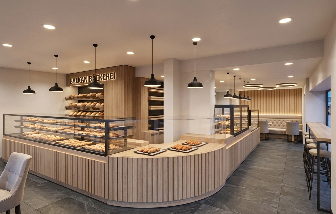 An incredibly lifelike, richly detailed, photorealistic wide-angle interior shot of a modern artisanal bakery and restaurant set in a contemporary urban environment. The scene is illuminated by a seamless combination of warm recessed downlights, ambient sculptural ceiling halo lights, and sleek black pendant lamps, creating a sophisticated, warm, and welcoming atmosphere. Captured with a professional 24mm tilt-shift architectural lens, emphasizing the rich vertical wood slat textures, dark slate flooring, and polished stone surfaces, the design showcases modern refined elegance at its finest. 

The space feels remarkably airy, light-filled, and balanced, wrapped in a harmonious color palette composed of shades of warm white, pearl plaster, champagne, and soft gray. A sweeping, curved service counter commands the center, featuring light-wood timber paneling beneath an expansive glass display brimming with fresh baked goods. In the background, dark wooden feature walls are complemented by illuminated signage reading "BALKAN BÄCKEREI." To the right, tailored upholstered furniture in neutral tones and slim metal accents define both the high bar window seating and the cozy banquette dining area in the rear, blending clean-lined architecture with understated luxury.