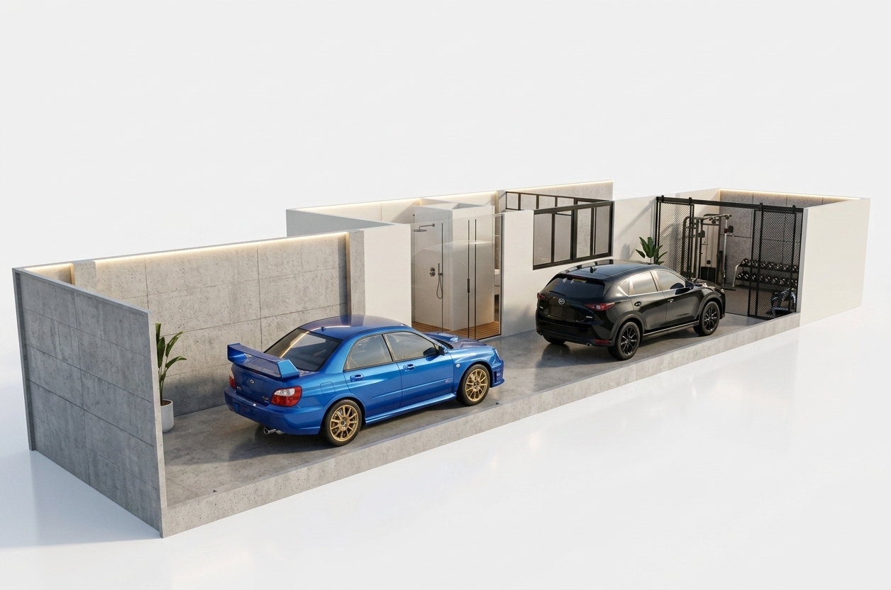 An incredibly lifelike, richly detailed, photorealistic interior architectural rendering of a modern tandem garage and minimalist fitness haven set within a sleek urban residence. The scene is illuminated by soft, natural daylight overhead and warm, hidden LED accent lights, creating a bright, tranquil atmosphere. Captured with a 35mm architectural wide-angle lens, emphasizing polished concrete flooring, matte black aluminum frames, and immaculate metallic vehicle finishes, the layout smoothly accommodates two cars parked in single file—a vibrant metallic blue sports sedan with classic gold rims in the foreground, followed by a refined black crossover SUV. Beyond the vehicles, glass-enclosed partitions separate a modern minimalist shower enclosure from a private, state-of-the-art home gym space at the far end, bounded by industrial-chic sliding mesh doors. Clean off-white walls enhance the airy spatial depth, while crisp reflections and subtle shadows bring this luxury multifunctional sanctuary to life.