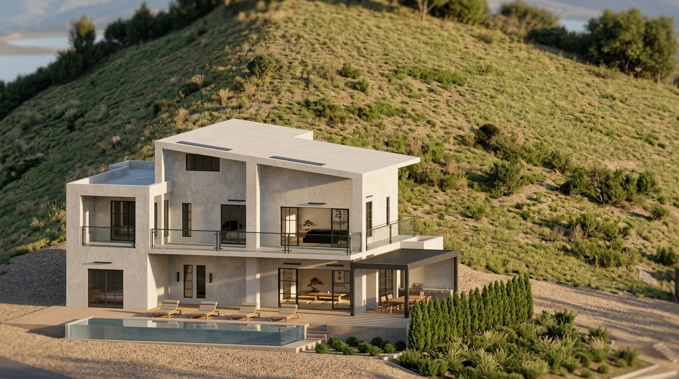 An incredibly lifelike, richly detailed, photorealistic exterior architectural photo of a modern, multi-level coastal hillside sanctuary set in a serene natural slope overlooking a distant lake. The scene is illuminated by the soft, golden light of a calm spring sunrise, creating a tranquil, balanced, and harmonious atmosphere. Captured with a professional tilt-shift architectural camera, emphasizing the tactile wabi-sabi textured stucco, dark steel accents, glass balustrades, and crystal-clear reflective water of the infinity pool...

The villa masterfully integrates Japanese Zen design principles with modern luxury, featuring clean geometric lines, clutter-free terraces, and low wooden loungers arranged in perfect symmetry along the lower deck. Beneath a charcoal-black pergola, an outdoor dining area is framed by lush, neatly aligned green cypress hedges and subtle terraced foliage in natural greens. Through the expansive floor-to-ceiling glass sliding doors, glimpses of the bedroom and living spaces reveal minimalist, uncluttered interiors decorated in shades of muted neutrals, deep blacks, and light wood, complete with subtle Japanese decor, low platform furniture, delicate indoor bonsai plants, and framed Japanese calligraphy wall art hanging on soft-toned walls. Long early-morning shadows stretch gently across the warm-toned stone gravel ground, completing this peaceful spring dawn scene.