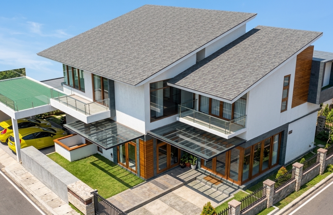A realistic architectural photograph of the modern two-story residential home taken from an elevated high-angle perspective under intense, bright midday summer sunlight. Direct, high-overhead daylight casts sharp, short, well-defined shadows beneath the sloped dark asphalt shingle roofs, cantilevered balconies, dark metal trellis awnings, and the yellow cars parked in the carport. The crisp white plaster exterior features micro-textured surfaces with realistic daylight bounce, complemented by warm teak wood accent panels showing authentic grain details. Pristine glass windows and balcony railings display sharp, natural reflections of the clear blue sky overhead. The front lawn exhibits lush green grass with individual blade textures, while the surrounding concrete driveway, paved sidewalk, and perimeter stone pillars show realistic concrete aggregates, subtle seams, and faint dust. Captured with a professional wide-angle architectural lens at f/8, maintaining sharp focus throughout the entire frame, true-to-life colors, natural dynamic range, and delicate specular highlights on metal and glass surfaces.