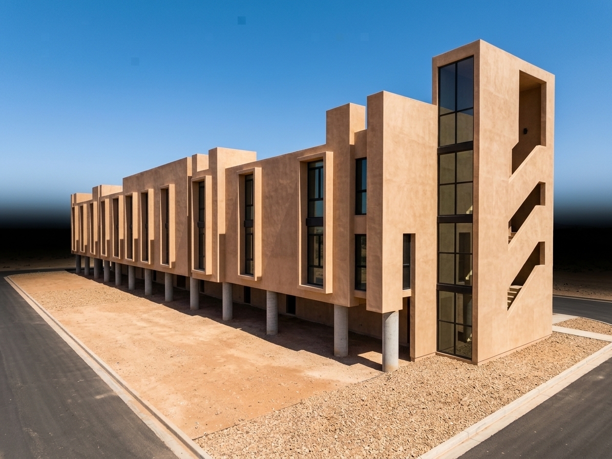 An incredibly lifelike, richly detailed, photorealistic wide-angle architectural photo of a modern multi-story residential building set in a sun-baked Moroccan-inspired landscape. The scene is illuminated by intense, direct midday summer sunlight, creating a serene, warm, and sophisticated atmosphere. Captured with a professional 24mm tilt-shift architectural lens, emphasizing raw tadelakt plaster textures, crisp geometric shadows, and the subtle interplay of light and shade across the facade.

The building stands gracefully elevated on robust cylindrical concrete pilotis, lifting the main living block above the earth to allow cool desert breezes and ambient shade to circulate beneath. The exterior envelope is clad in a smooth, warm sand-terracotta plaster that captures the earthy essence of Moroccan architecture, featuring subtle micro-textures and natural tonal variations across its monolithic surfaces. 

Rhythmic, deep-set window openings break the long elevation, featuring sleek charcoal-black aluminum frames that house tinted, high-clarity glass. These glass panes catch brilliant, razor-sharp reflections of the clear sky and bright sunlight. On the eastern end, a striking vertical tower rises with full-height glazed panels alongside open-air staircases sheltered by dramatic plaster blades, adding a bold vertical counterpoint to the horizontal massing. On the opposite side, minimalist floating metal balconies project subtly from the facade.

The ground plane consists of warm, crushed clay soil and coarse desert gravel that surrounds the foundation, meeting a crisp asphalt roadway at the foreground perimeter. High-contrast midday shadows slice cleanly across the ground underneath the cantilevered structure, emphasizing the building's structural elevation and spatial depth. Precise ambient occlusion, subtle glass refraction, and crisp edge definition accentuate every plane, rendering this modern architectural masterpiece with effortless realism and timeless desert allure.