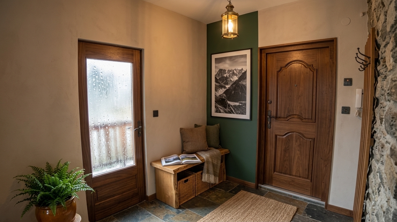An incredibly lifelike, richly detailed, photorealistic wide-angle interior photo of a rustic mudroom set in a cozy Alpine mountain escape. The scene is illuminated by a warm-toned vintage brass lantern pendant and soft, diffuse daylight filtering through translucent glass door panels, creating a cozy, welcoming atmosphere. Captured with a 24mm f/4 prime lens, emphasizing the deep textures of reclaimed timber, rugged slate floor tiles, and plush woven fabrics, this reimagined entryway transforms into a serene sanctuary. The plain white walls are replaced with warm neutral plaster accented by a deep forest green wall, hosting a large framed black-and-white photography print depicting dramatic mountain ranges. In the corner, a sturdy, live-edge log bench crafted from thick oak offers comfortable seating over integrated storage baskets, topped with textured linen cushions in browns and greens, a draped wool throw blanket, and an open photography book celebrating Alpine landscapes. The doors are updated with rich walnut finishes and hand-forged iron hardware, complemented by a vertical wooden slat rack with antique iron coat hooks, a woven jute runner rug, and a vibrant potted indoor fern in a glazed terracotta planter that brings natural elements into this beautifully balanced, functional mudroom space.